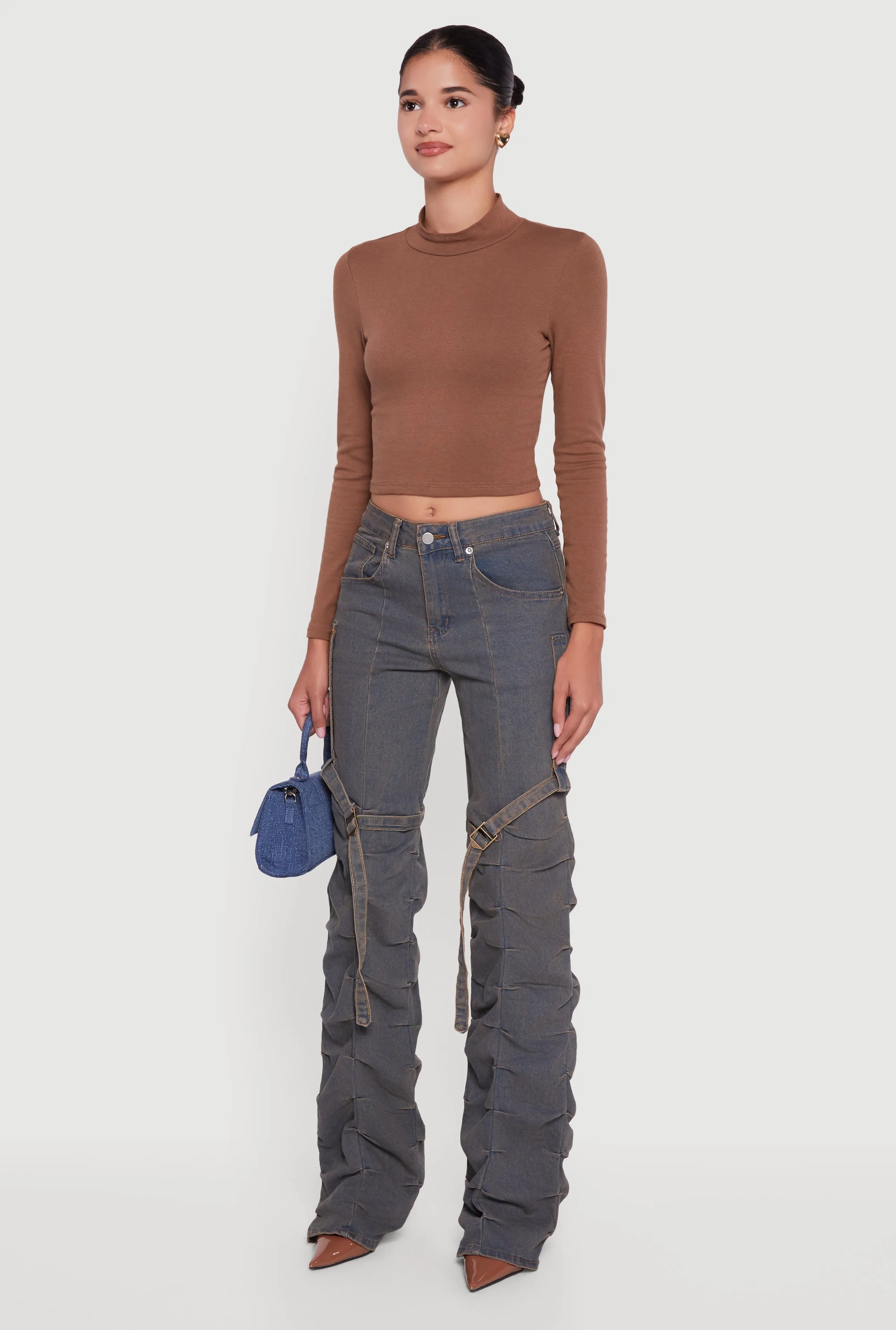 Pintuck Detail Stacked Straight Leg Jeans with Thigh Straps sold by Rainbow product image thumbnail 3