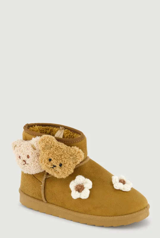 Girls Teddy Bear Detail Crochet Flower Booties made by Rainbow