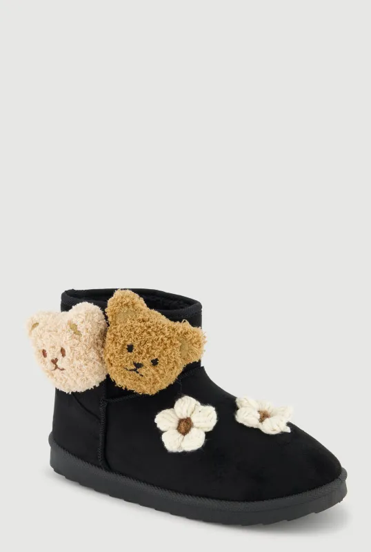 Girls Teddy Bear Detail Crochet Flower Booties made by Rainbow