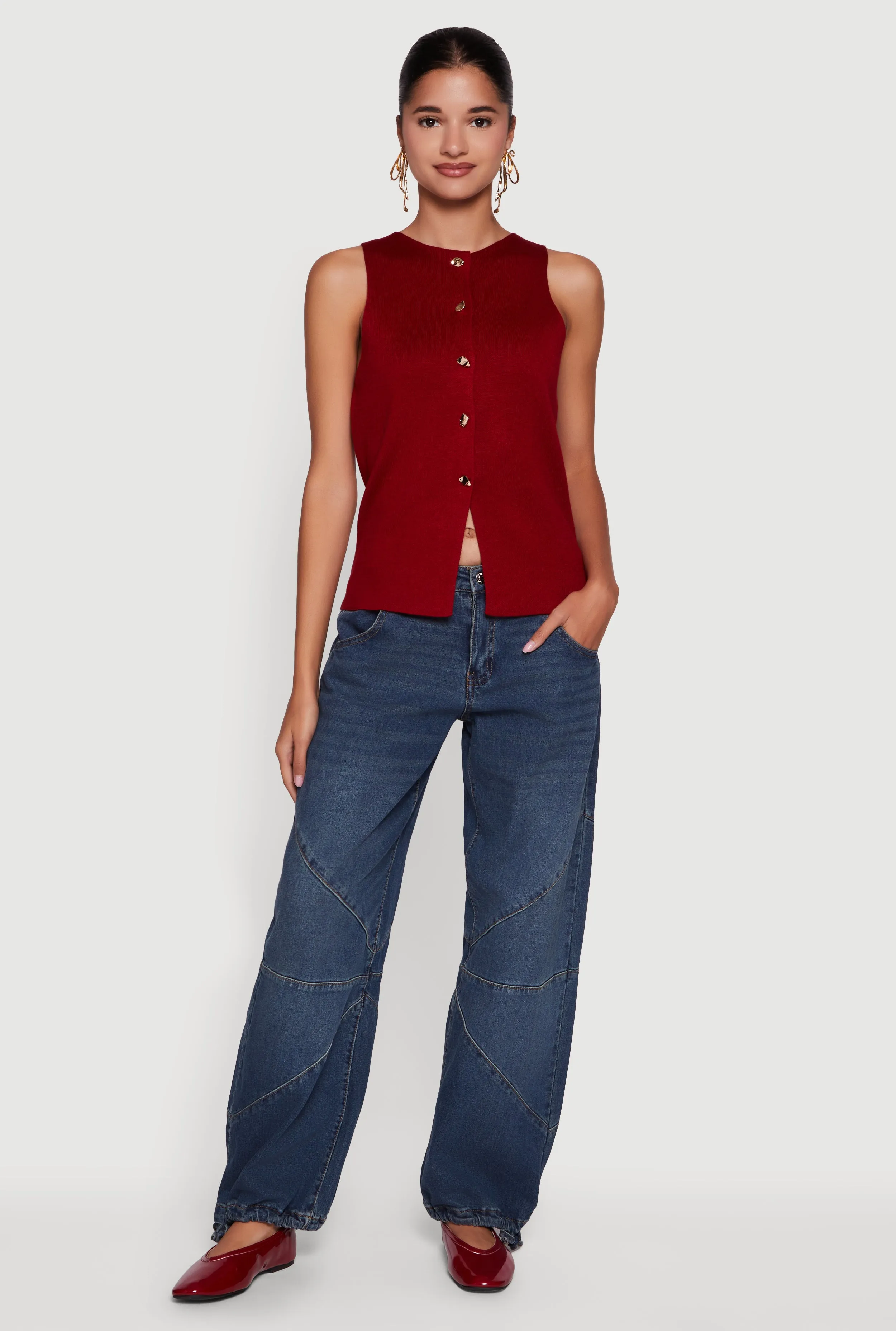 Metallic Button Front Sleeveless Sweater sold by Rainbow