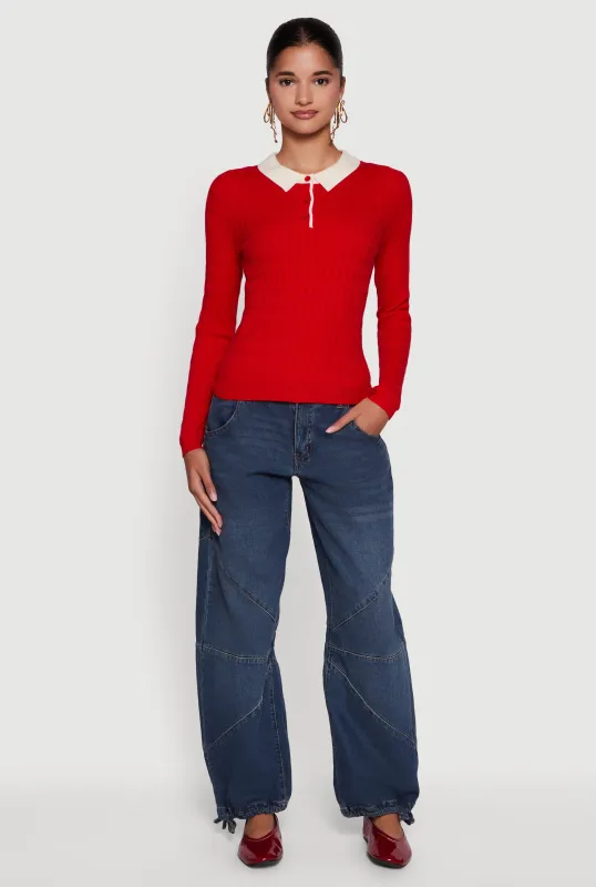 Cable Knit Contrast Trim Polo Sweater sold by Rainbow