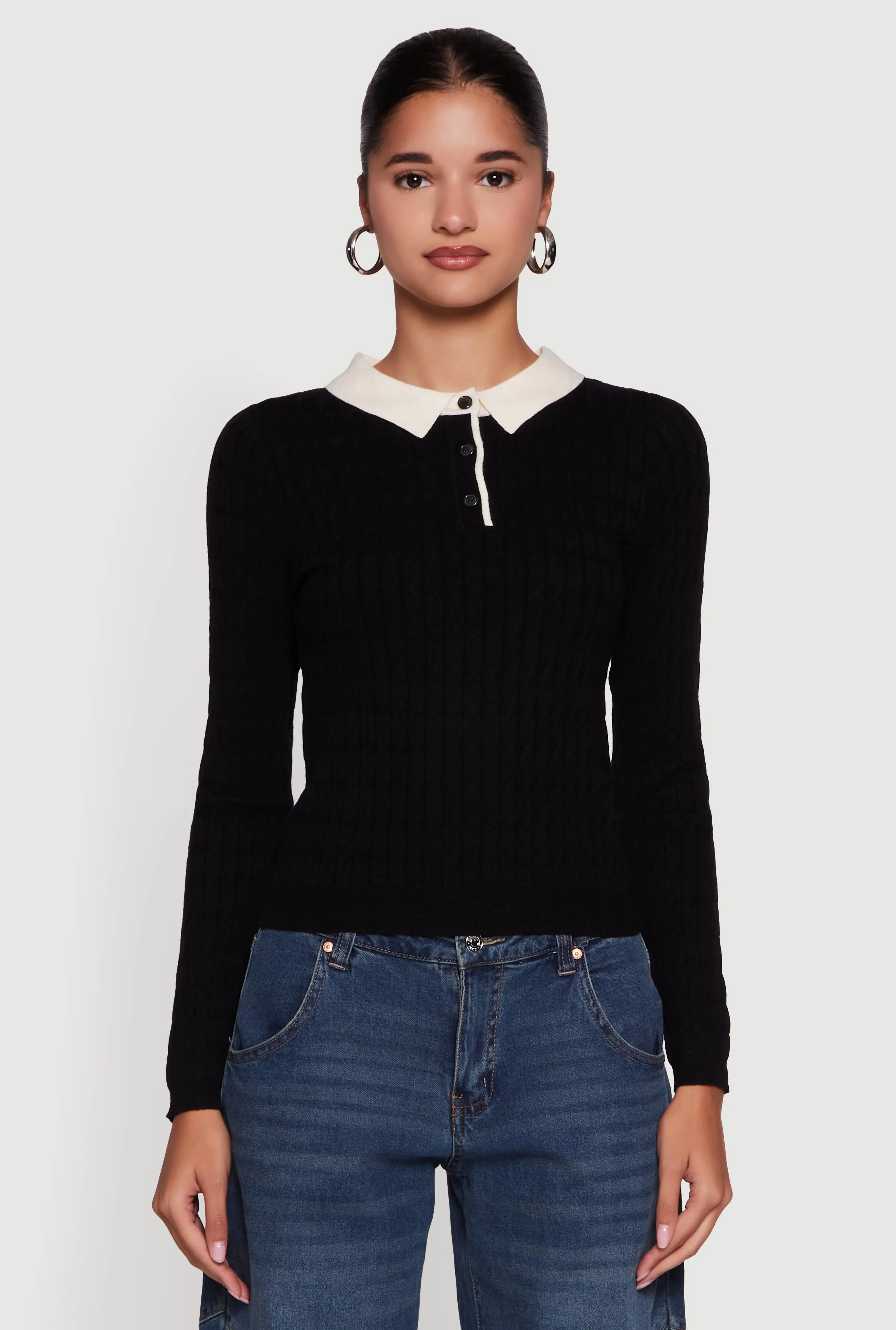 Cable Knit Contrast Trim Polo Sweater sold by Rainbow product image thumbnail 2