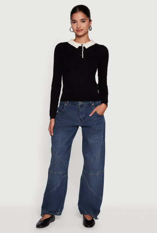 Cable Knit Contrast Trim Polo Sweater sold by Rainbow