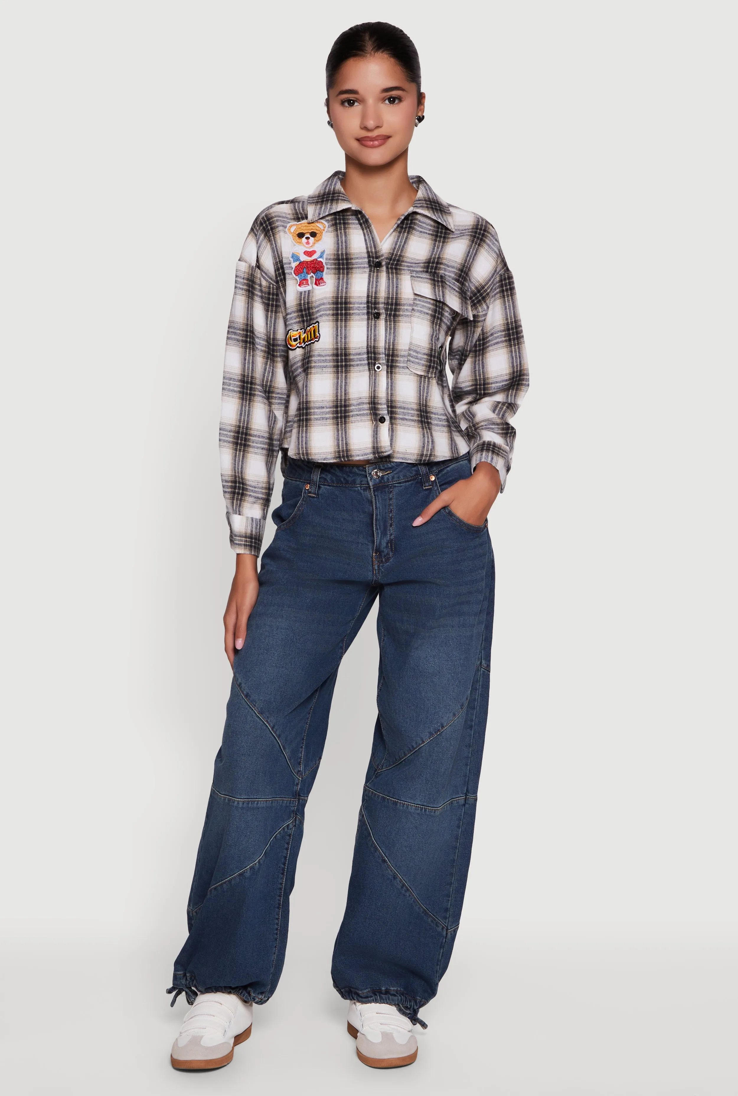 Plaid Flannel Patch Detail Cropped Button Front Shirt sold by Rainbow