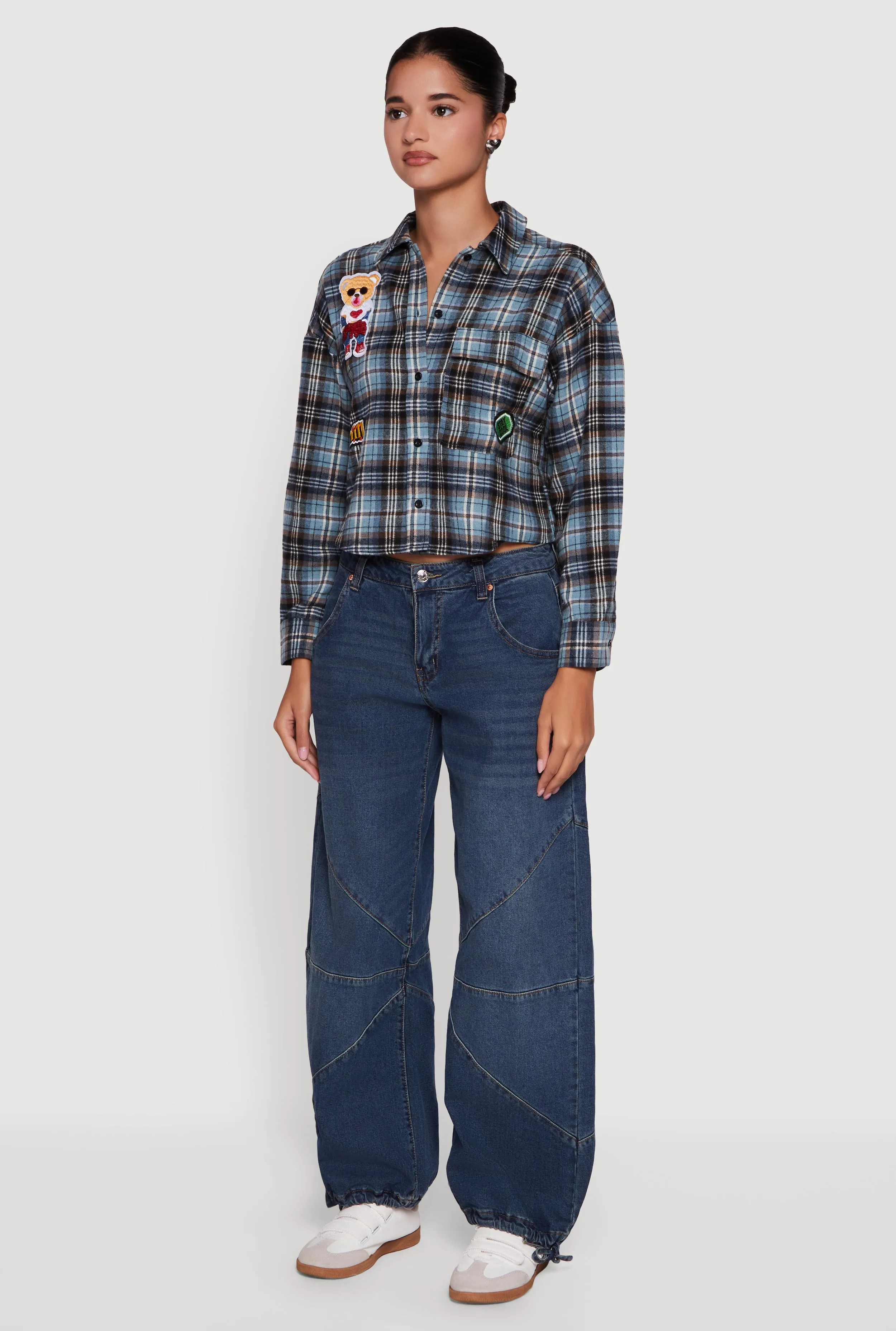 Plaid Flannel Patch Detail Cropped Button Front Shirt sold by Rainbow product image thumbnail 5