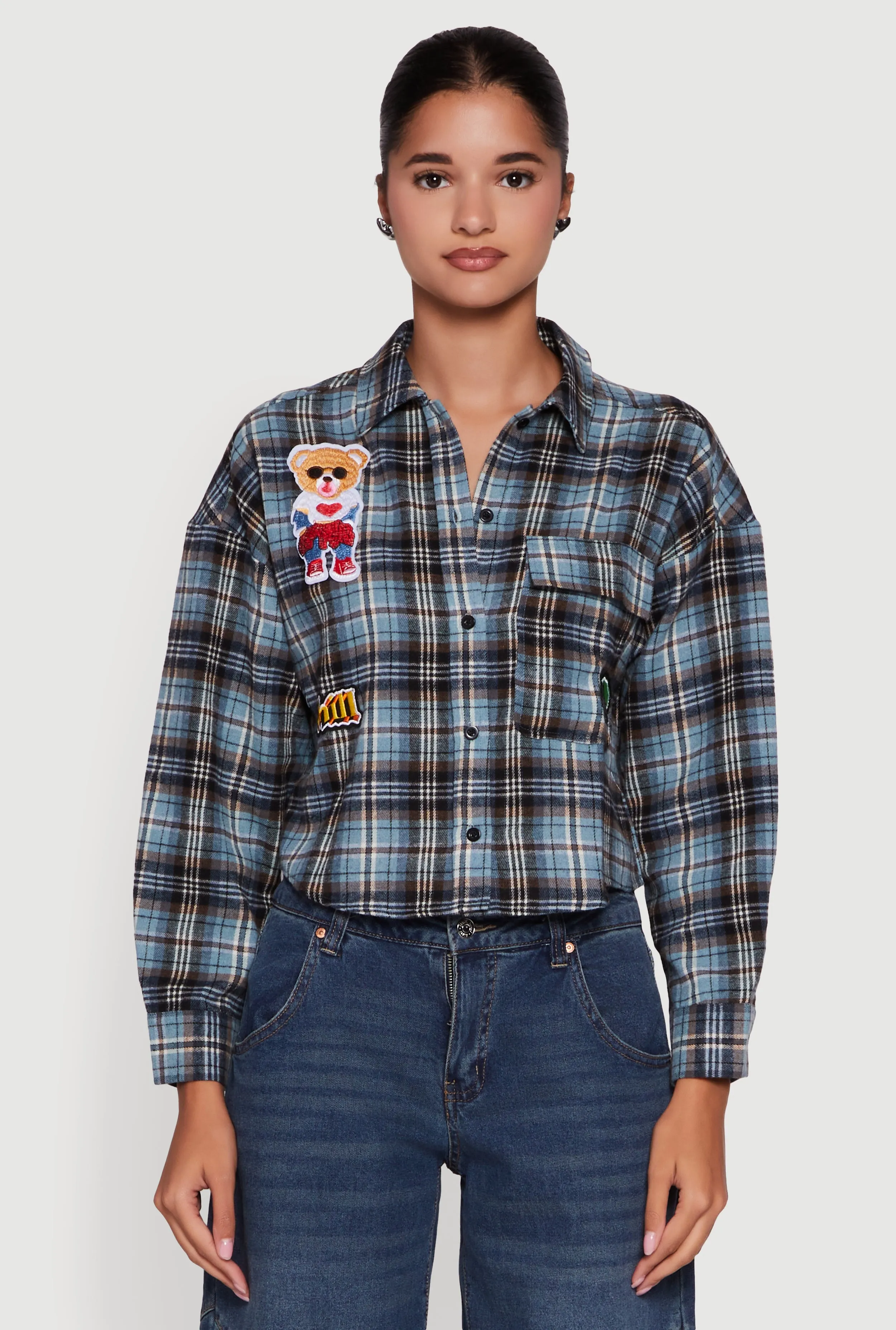 Plaid Flannel Patch Detail Cropped Button Front Shirt sold by Rainbow product image thumbnail 2