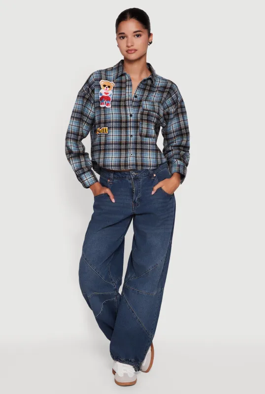 Plaid Flannel Patch Detail Cropped Button Front Shirt sold by Rainbow