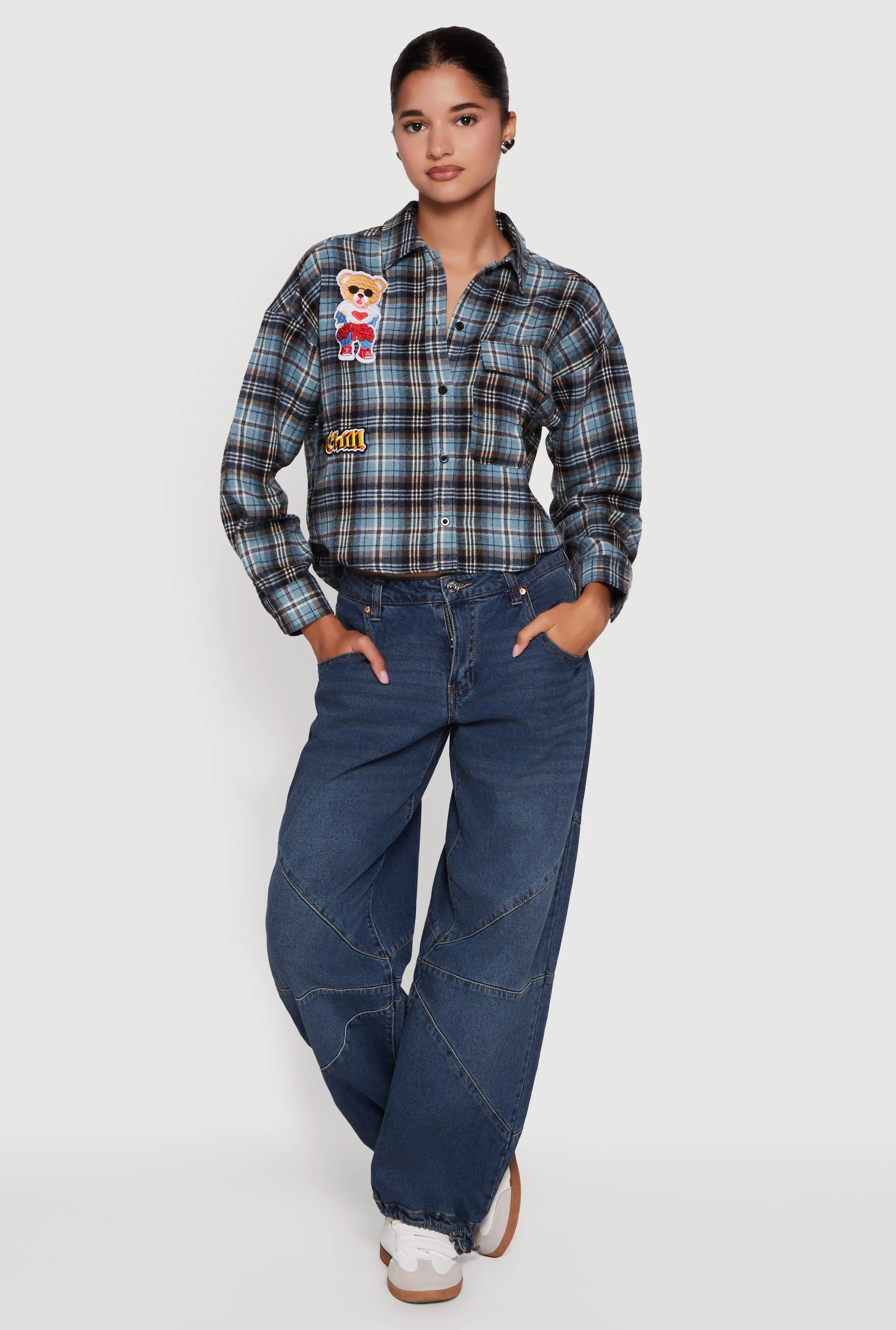 Plaid Flannel Patch Detail Cropped Button Front Shirt sold by Rainbow