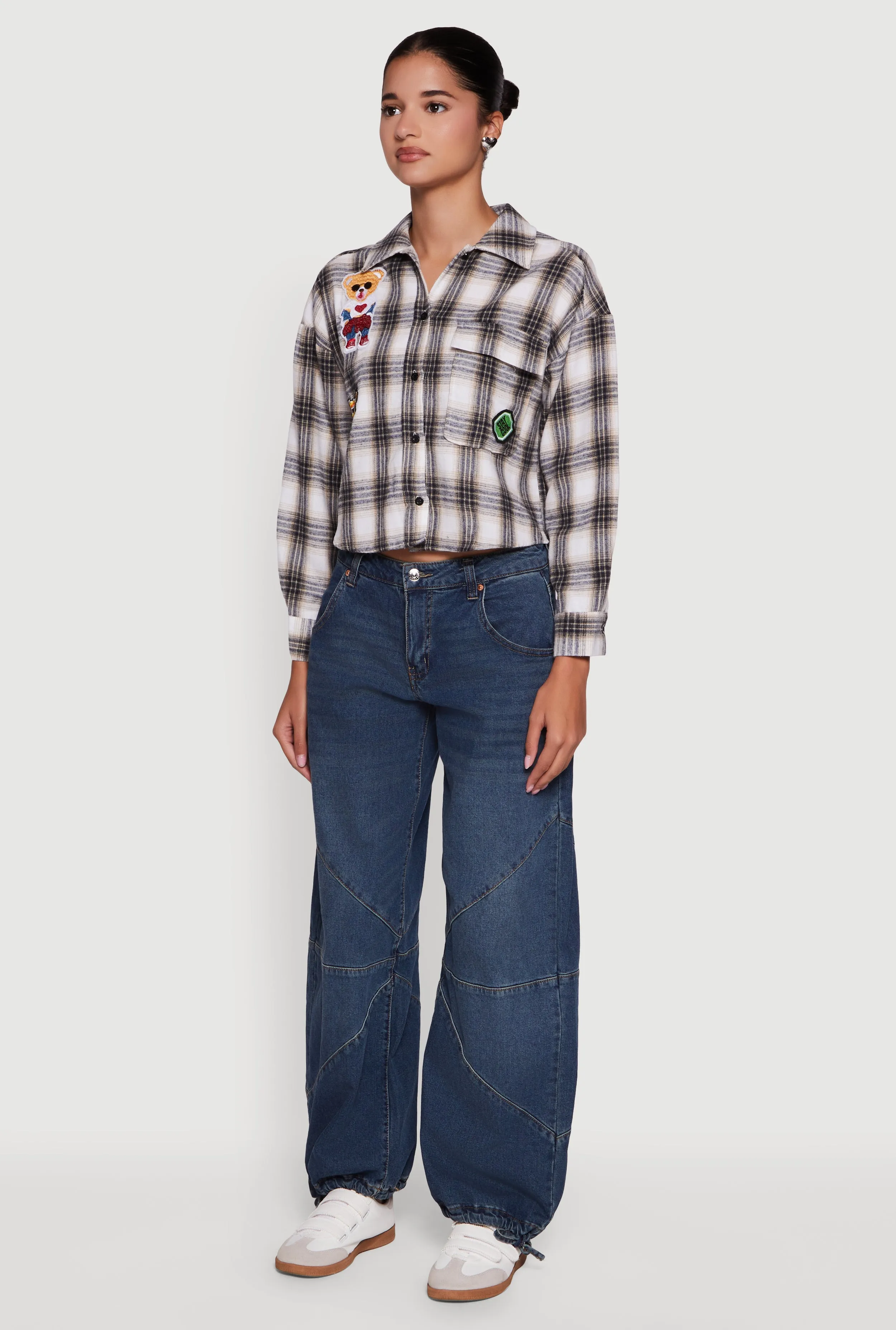 Plaid Flannel Patch Detail Cropped Button Front Shirt sold by Rainbow product image thumbnail 5