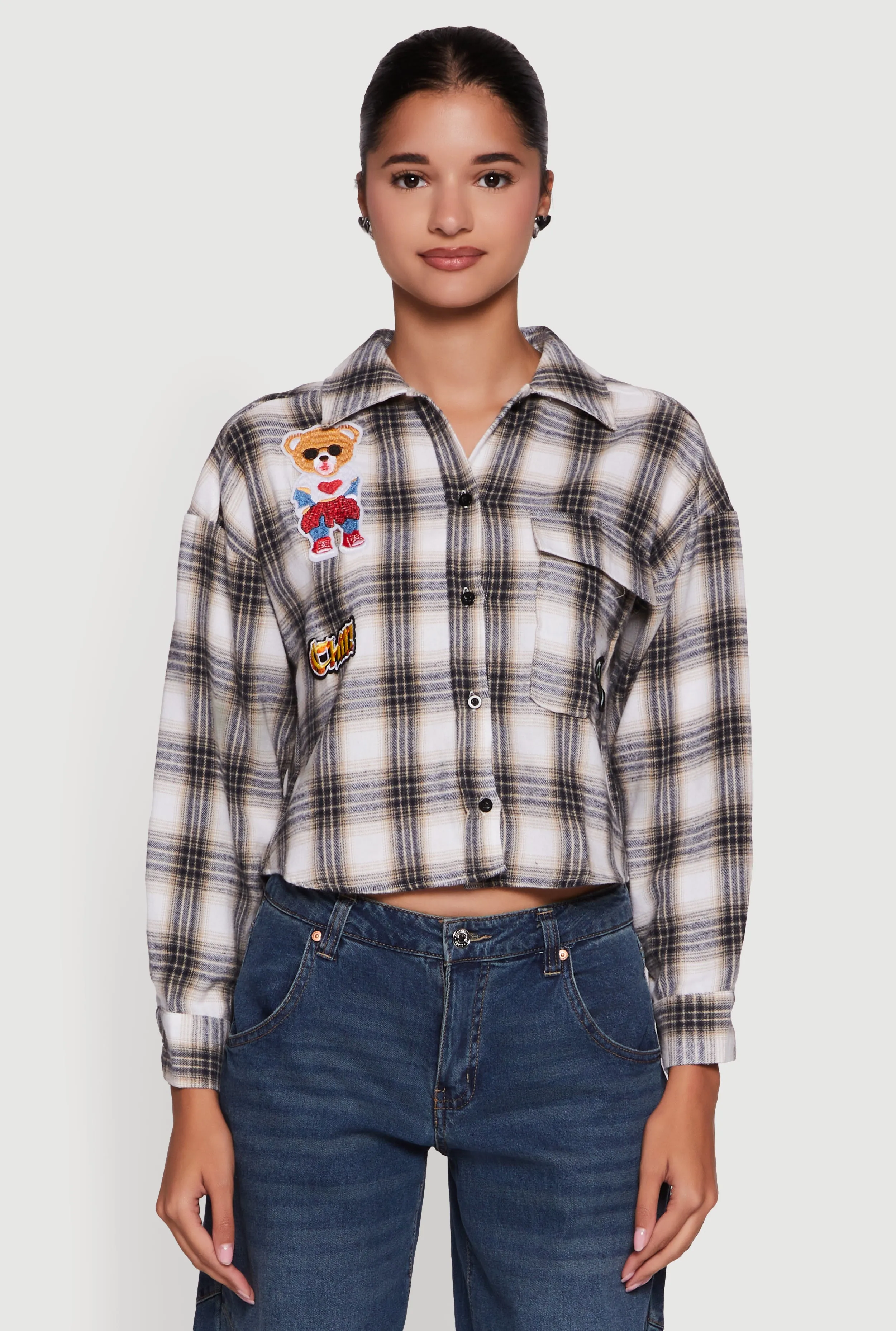 Plaid Flannel Patch Detail Cropped Button Front Shirt sold by Rainbow product image thumbnail 2