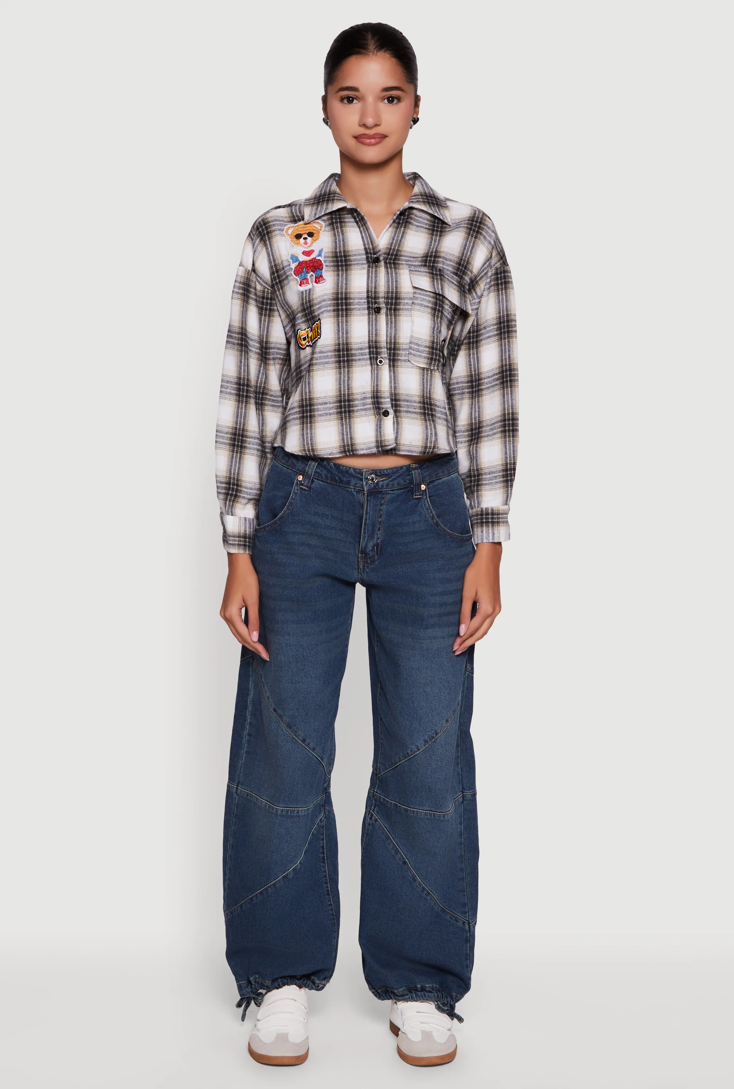 Plaid Flannel Patch Detail Cropped Button Front Shirt sold by Rainbow product image thumbnail 3