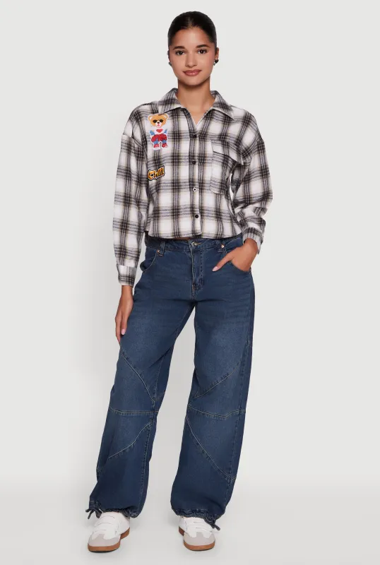 Plaid Flannel Patch Detail Cropped Button Front Shirt sold by Rainbow