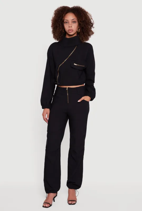 Mid Rise Zip Front Pants with Toggle Drawstring Hem sold by Rainbow