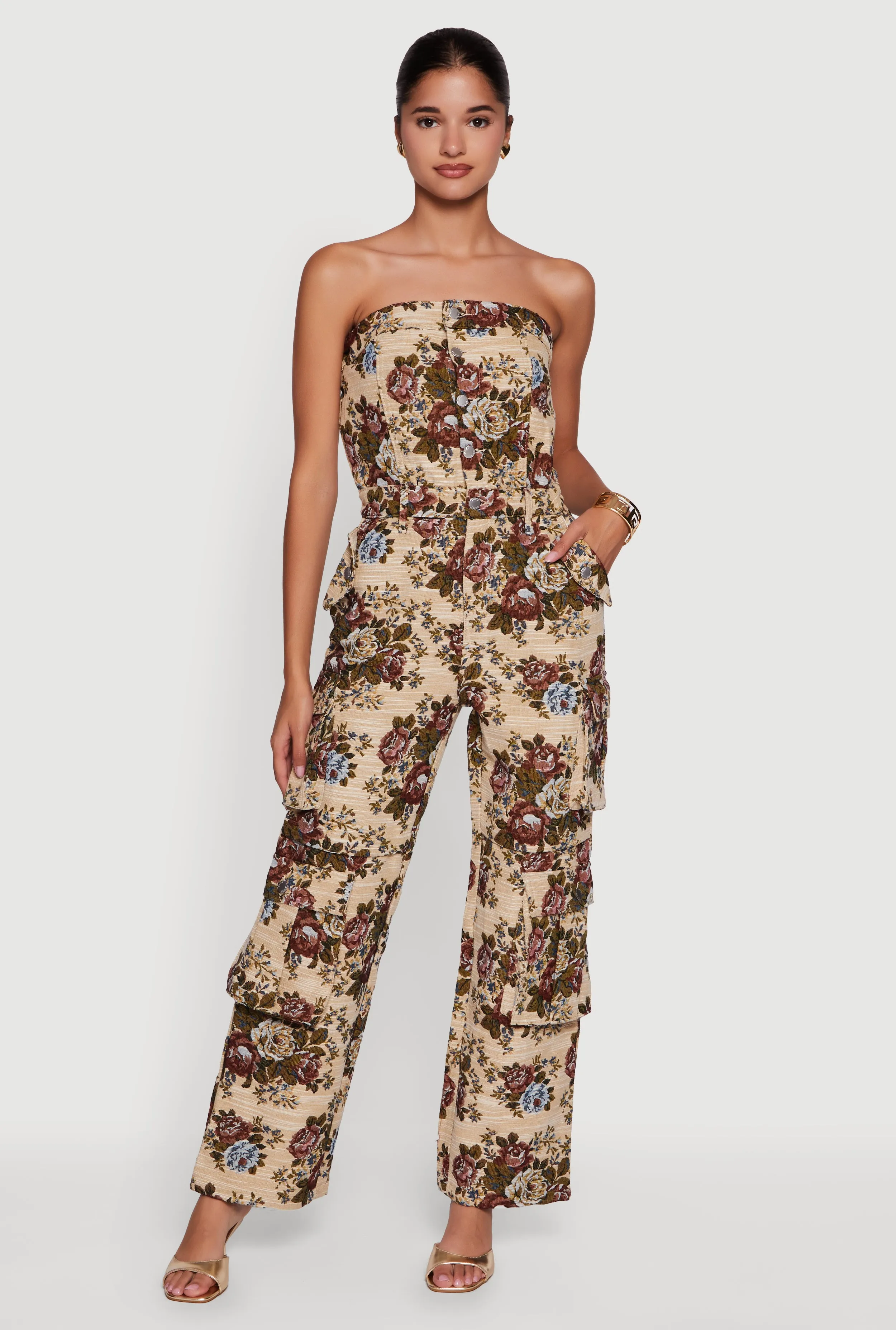 Floral Jacquard Strapless Utility Jumpsuit sold by Rainbow