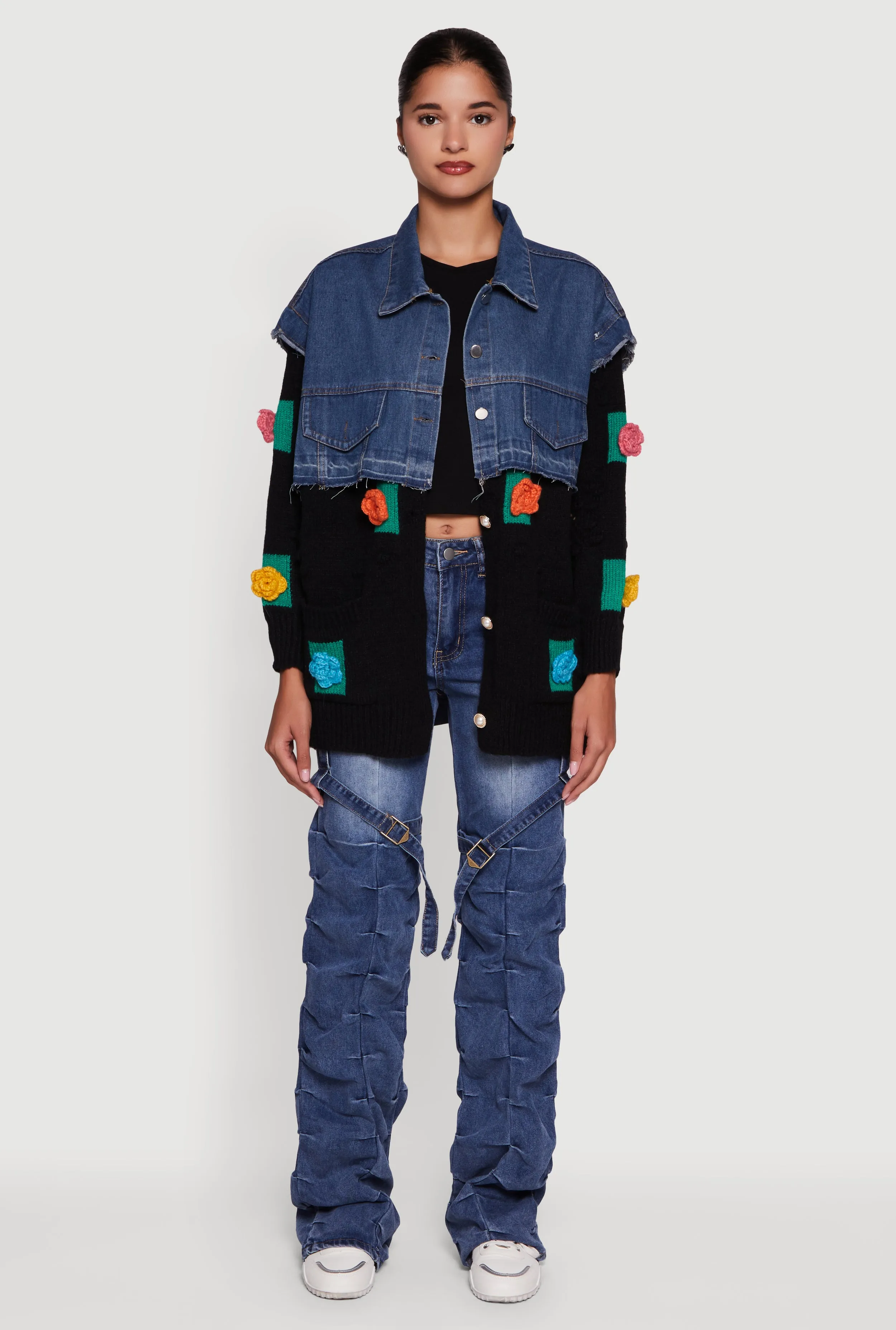 Flower Detail Layered Sweater Denim Jacket sold by Rainbow product image thumbnail 3