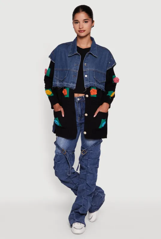 Flower Detail Layered Sweater Denim Jacket sold by Rainbow