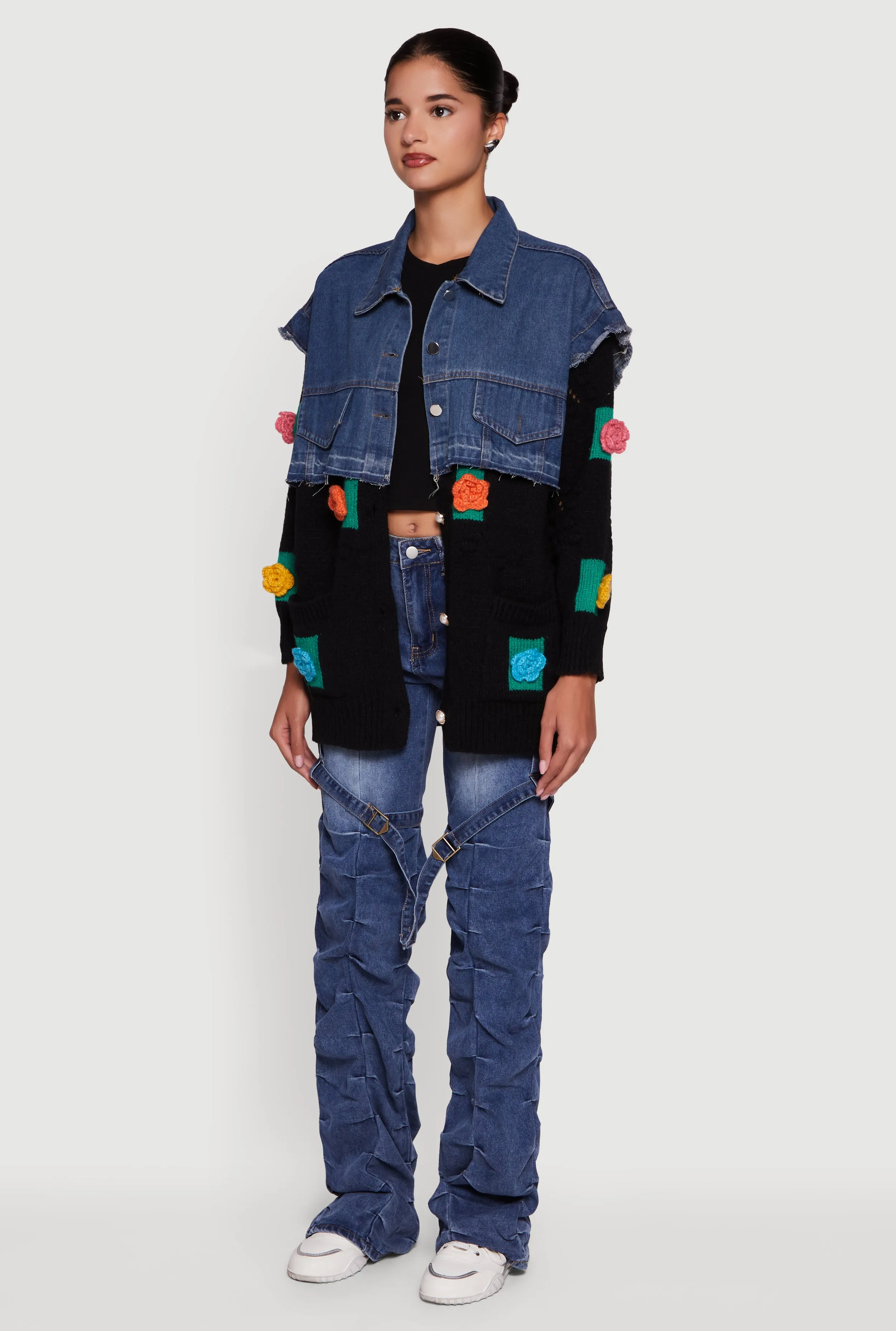 Flower Detail Layered Sweater Denim Jacket sold by Rainbow product image thumbnail 5
