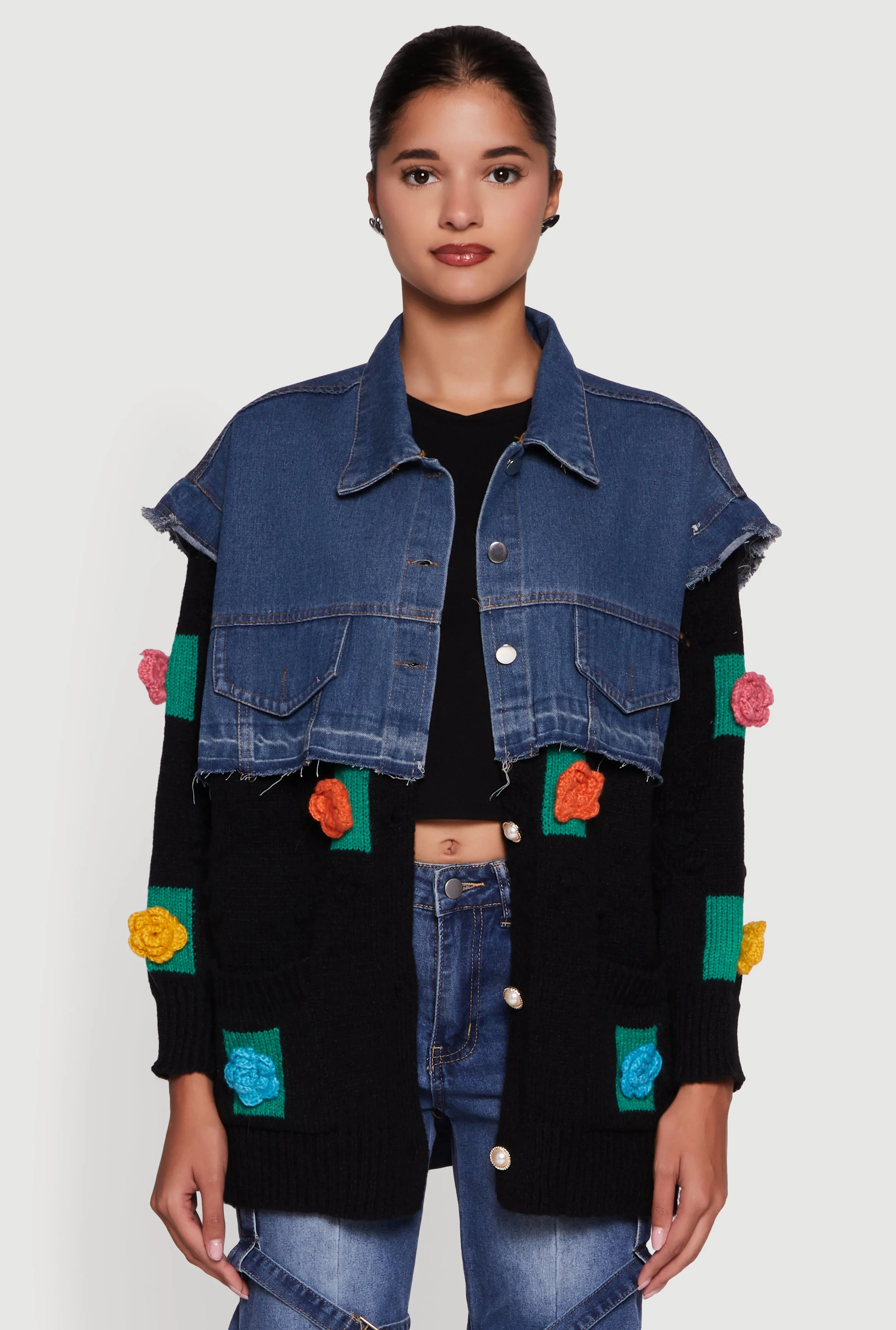 Flower Detail Layered Sweater Denim Jacket sold by Rainbow product image thumbnail 2