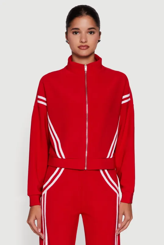 Long Sleeve Mock Neck Varsity Stripe Detail Track Jacket sold by Rainbow