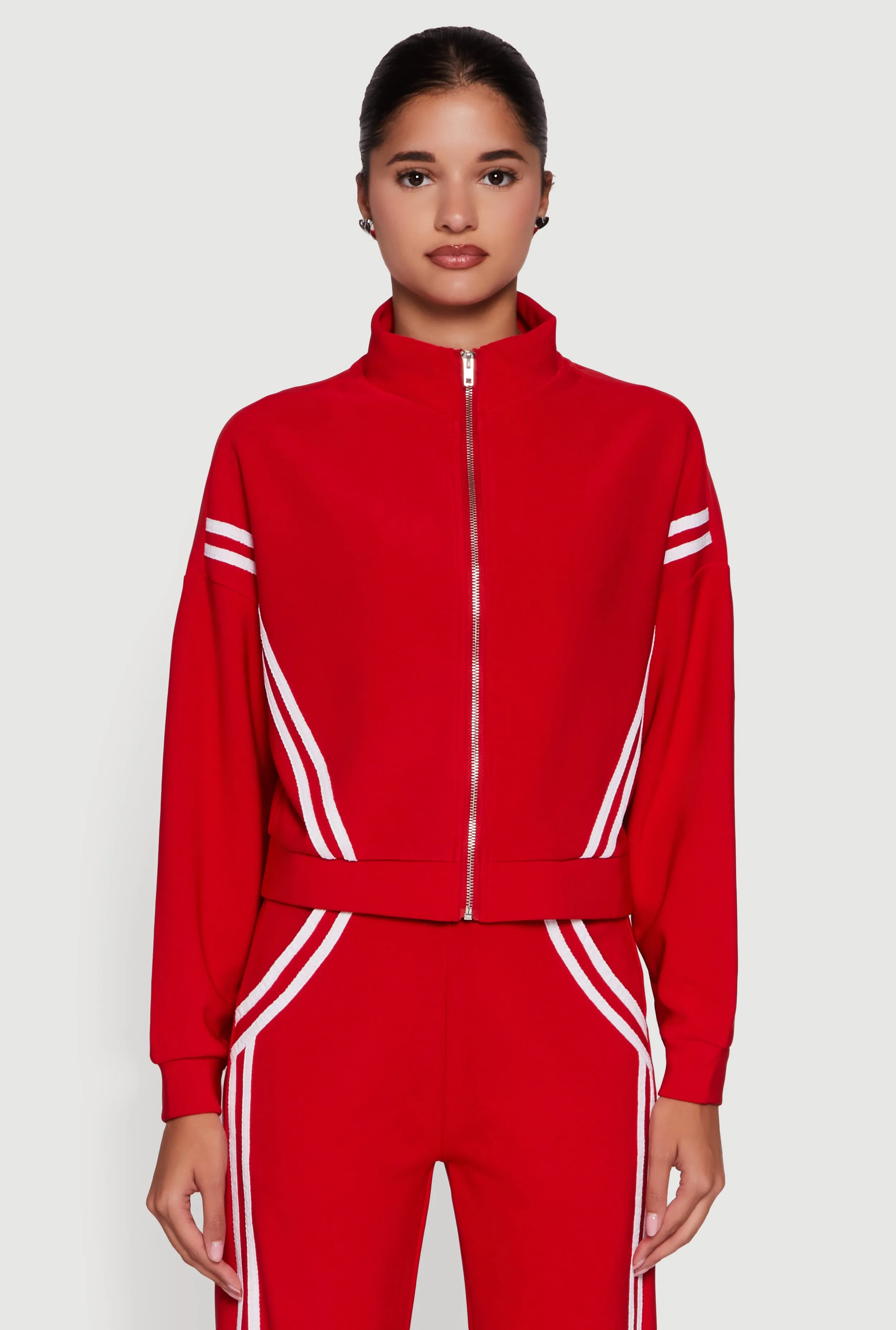 Long Sleeve Mock Neck Varsity Stripe Detail Track Jacket sold by Rainbow