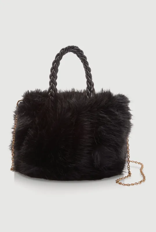 Braided Handle Metallic Chain Faux Fur Crossbody Bag sold by Rainbow