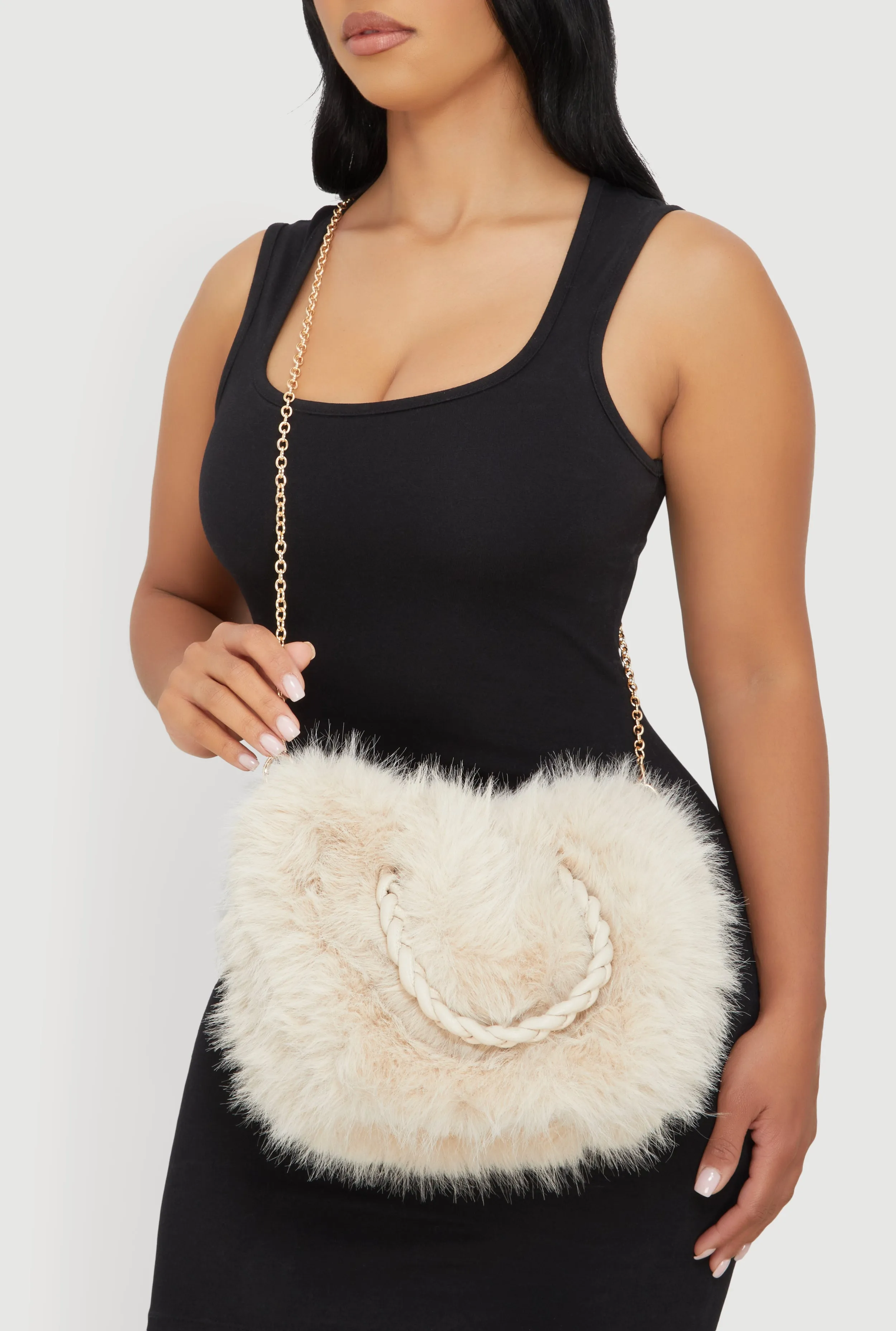 Braided Handle Metallic Chain Faux Fur Crossbody Bag sold by Rainbow product image thumbnail 3