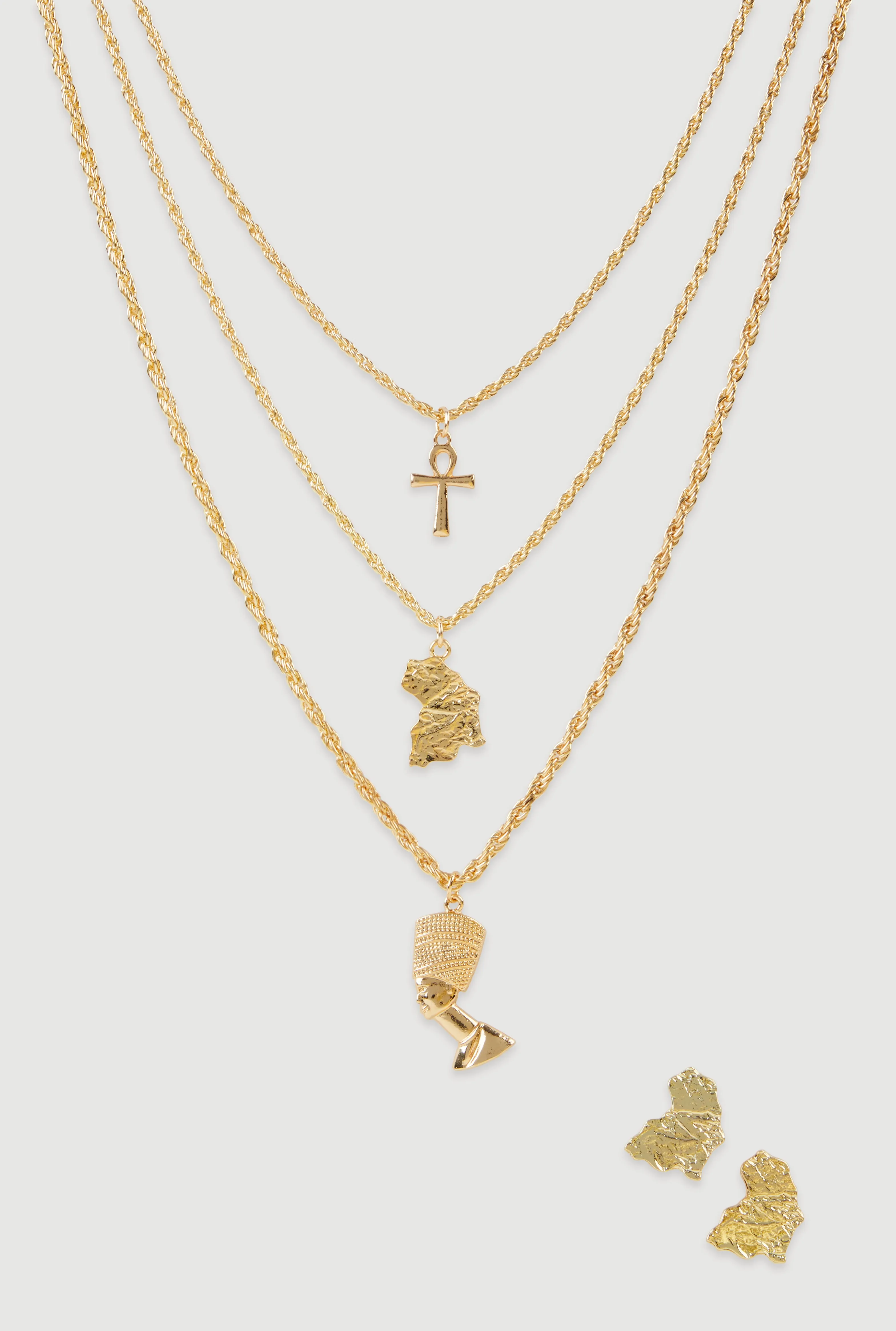 Metallic Africa Stud Earrings and Nefertiti Layered Necklace Set sold by Rainbow