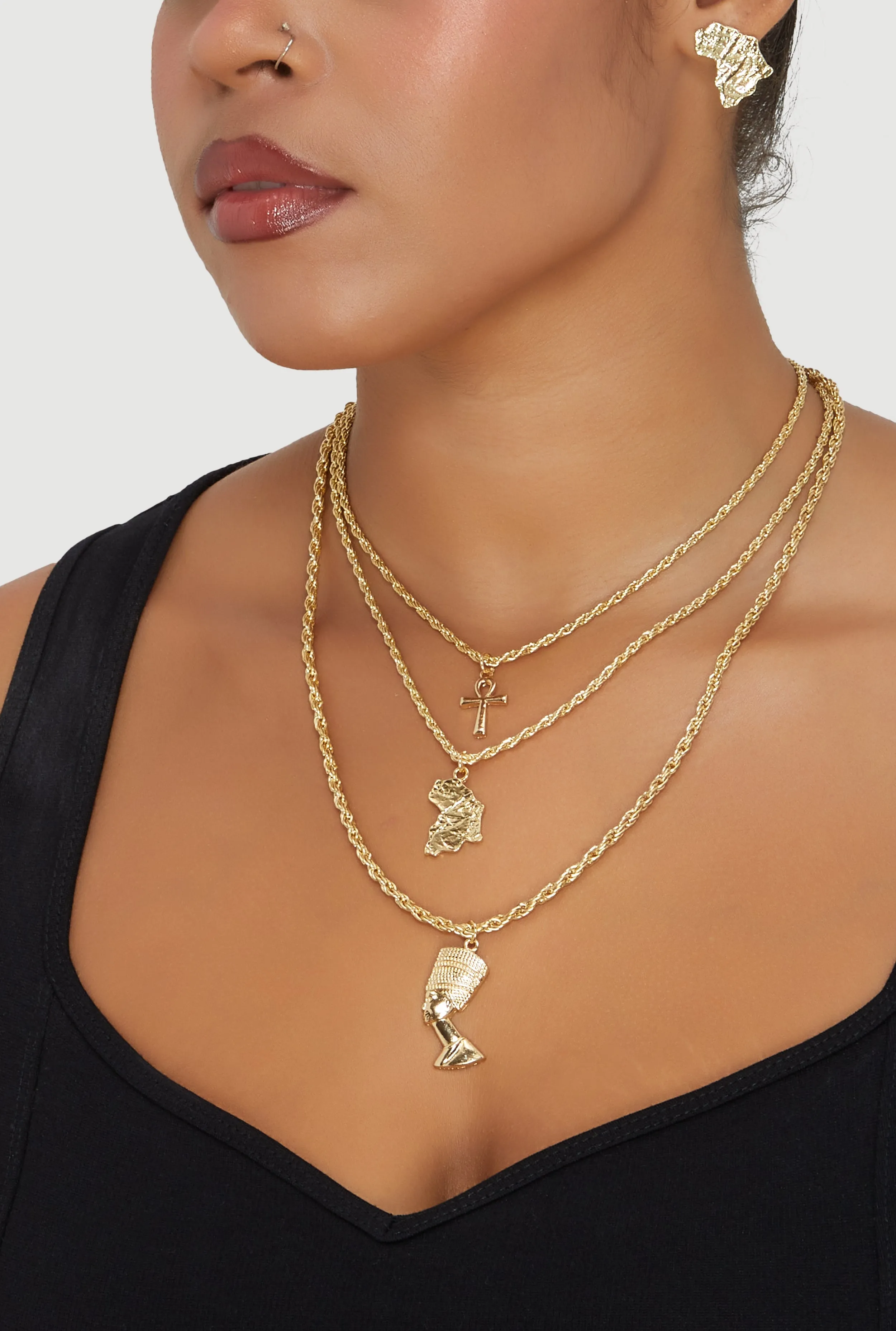 Metallic Africa Stud Earrings and Nefertiti Layered Necklace Set sold by Rainbow product image thumbnail 2
