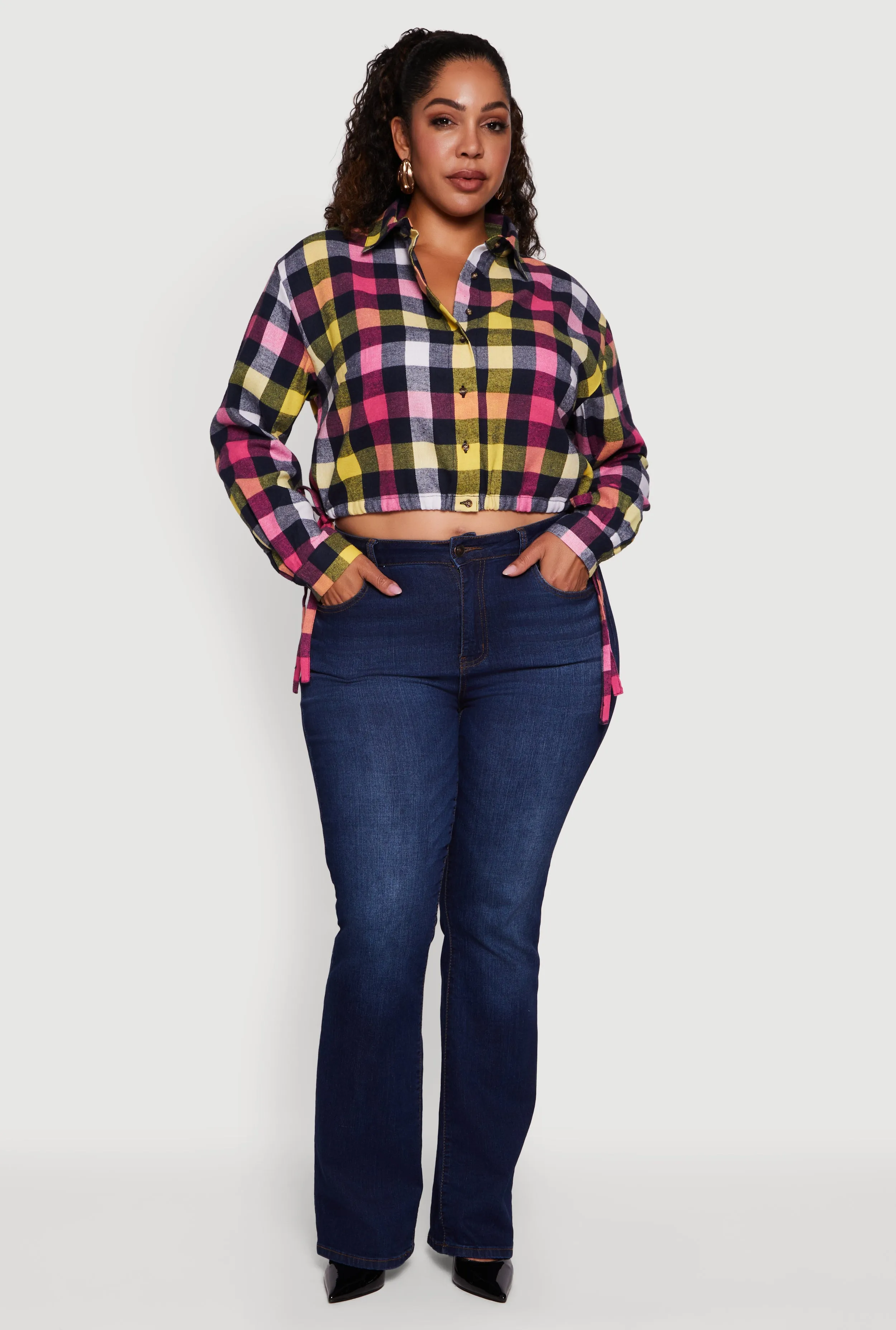 Plus Size Plaid Cropped Drawstring Hem Button Front Shirt sold by Rainbow