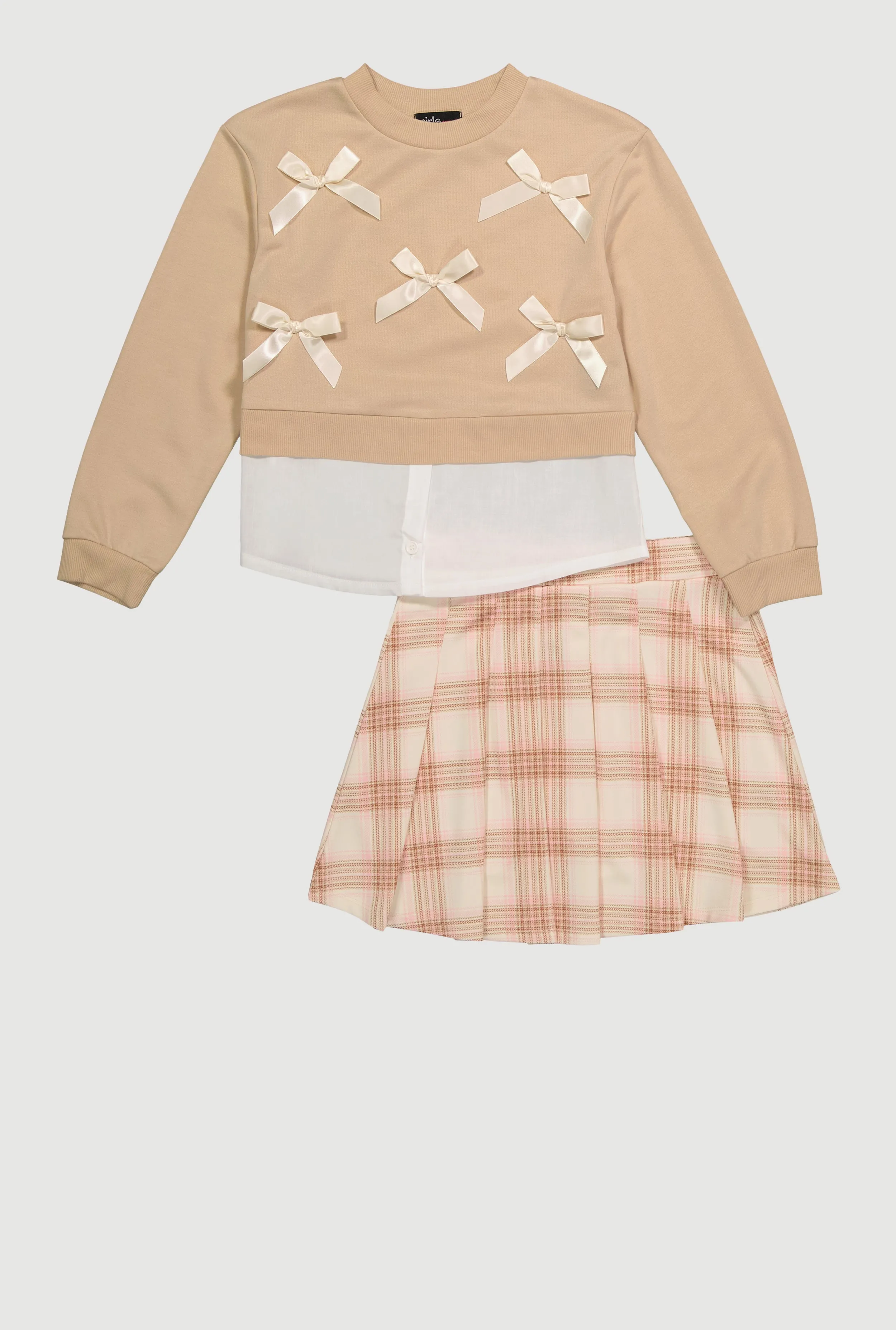 Girls Bows Layered Look Sweatshirt and Plaid Pleated Skirt sold by Rainbow product image thumbnail 2