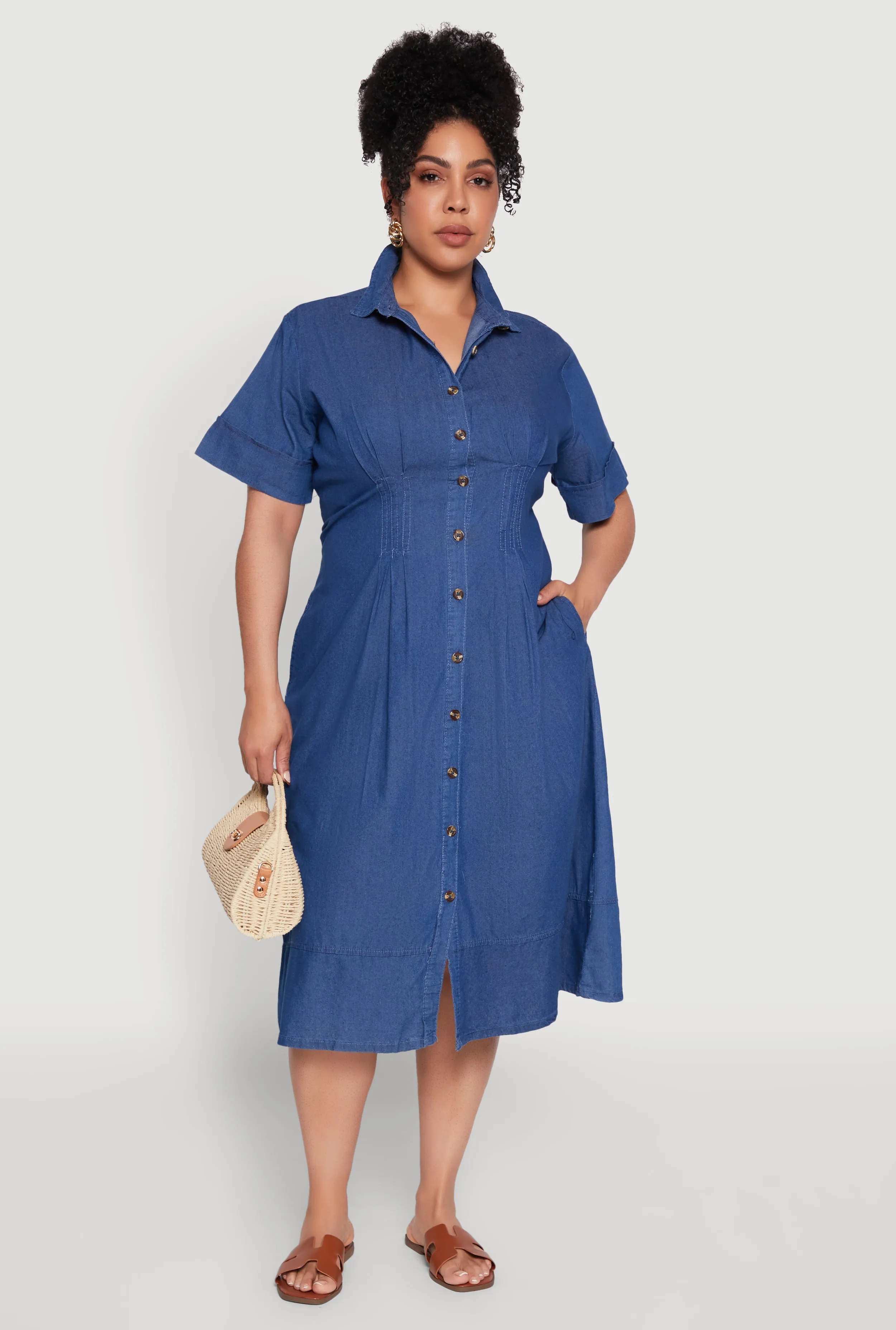 Plus Size Chic Chambray Shirt Dress with Pleated Details sold by Rainbow