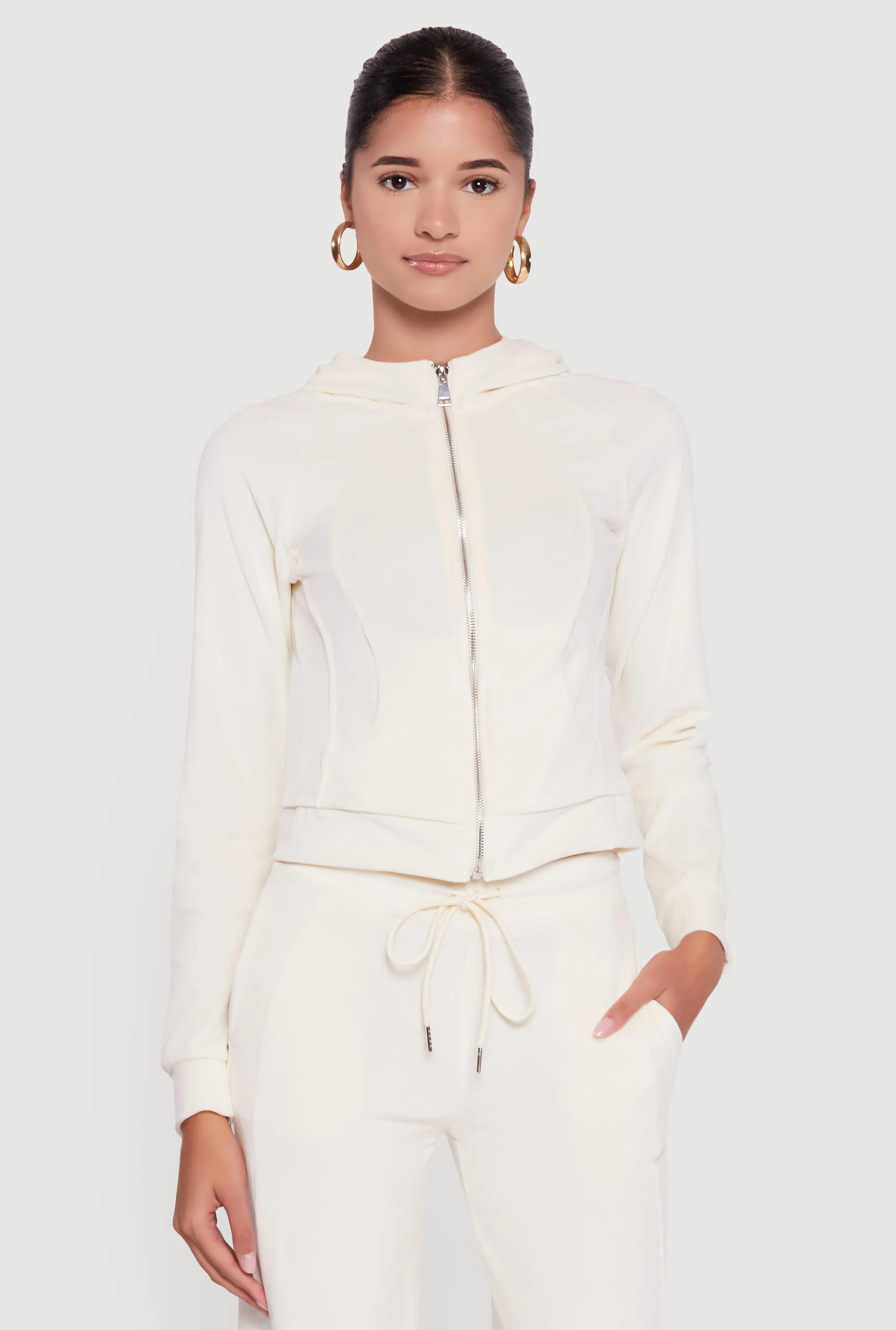 Velour Long Sleeve Solid Zip Front Hoodie sold by Rainbow