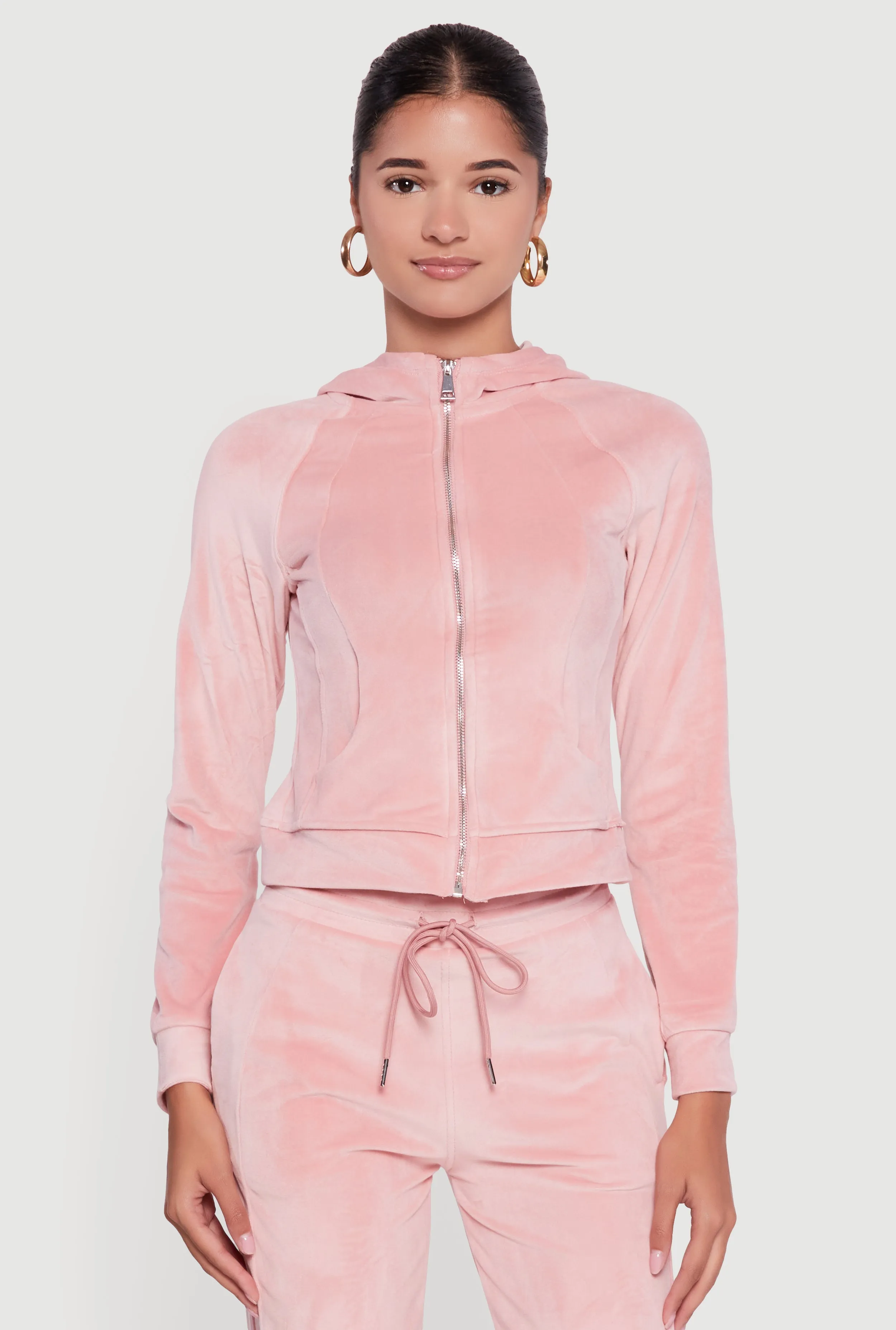 Velour Long Sleeve Solid Zip Front Hoodie sold by Rainbow