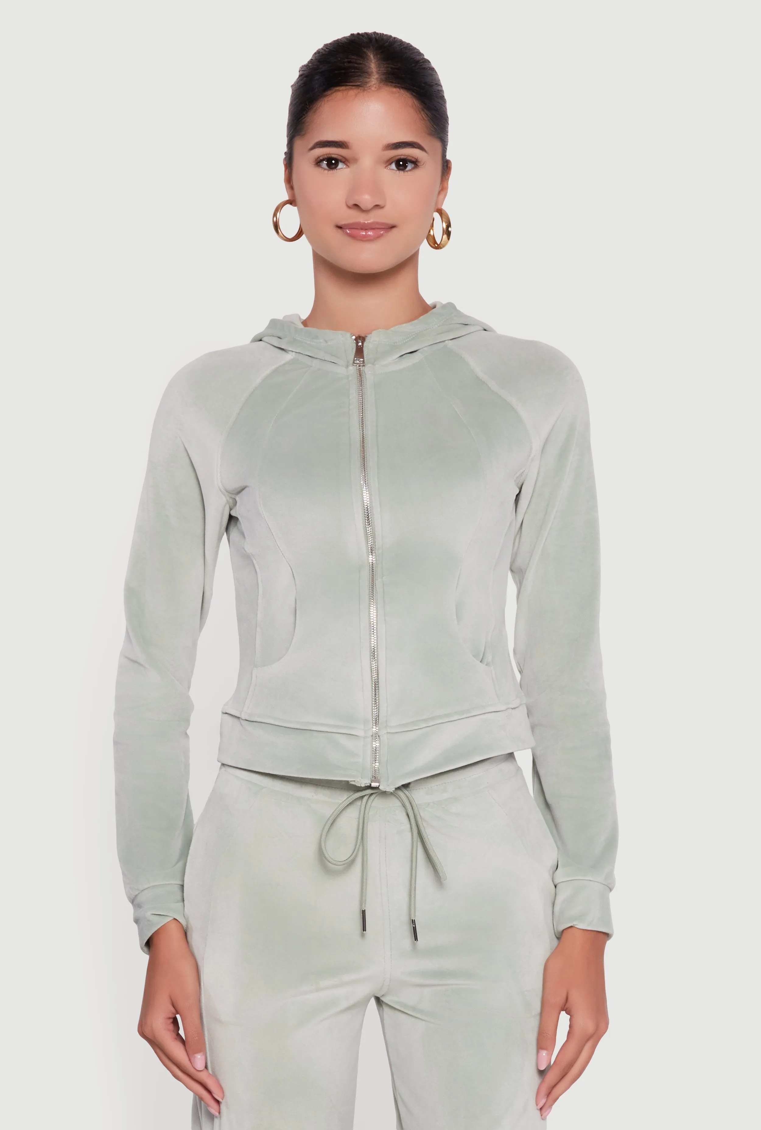 Velour Long Sleeve Solid Zip Front Hoodie sold by Rainbow