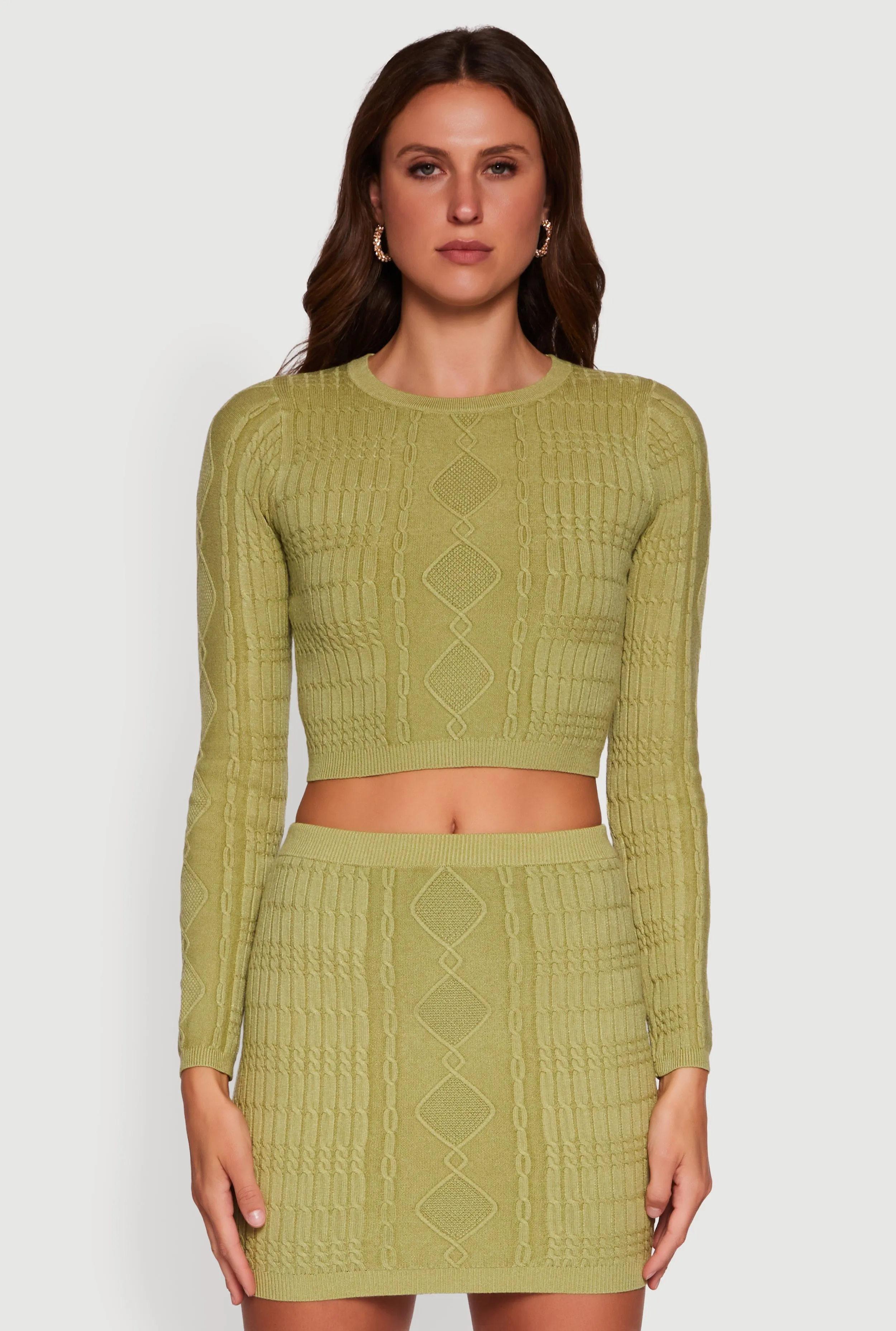 Long Sleeve Cable Knit Cropped Sweater sold by Rainbow