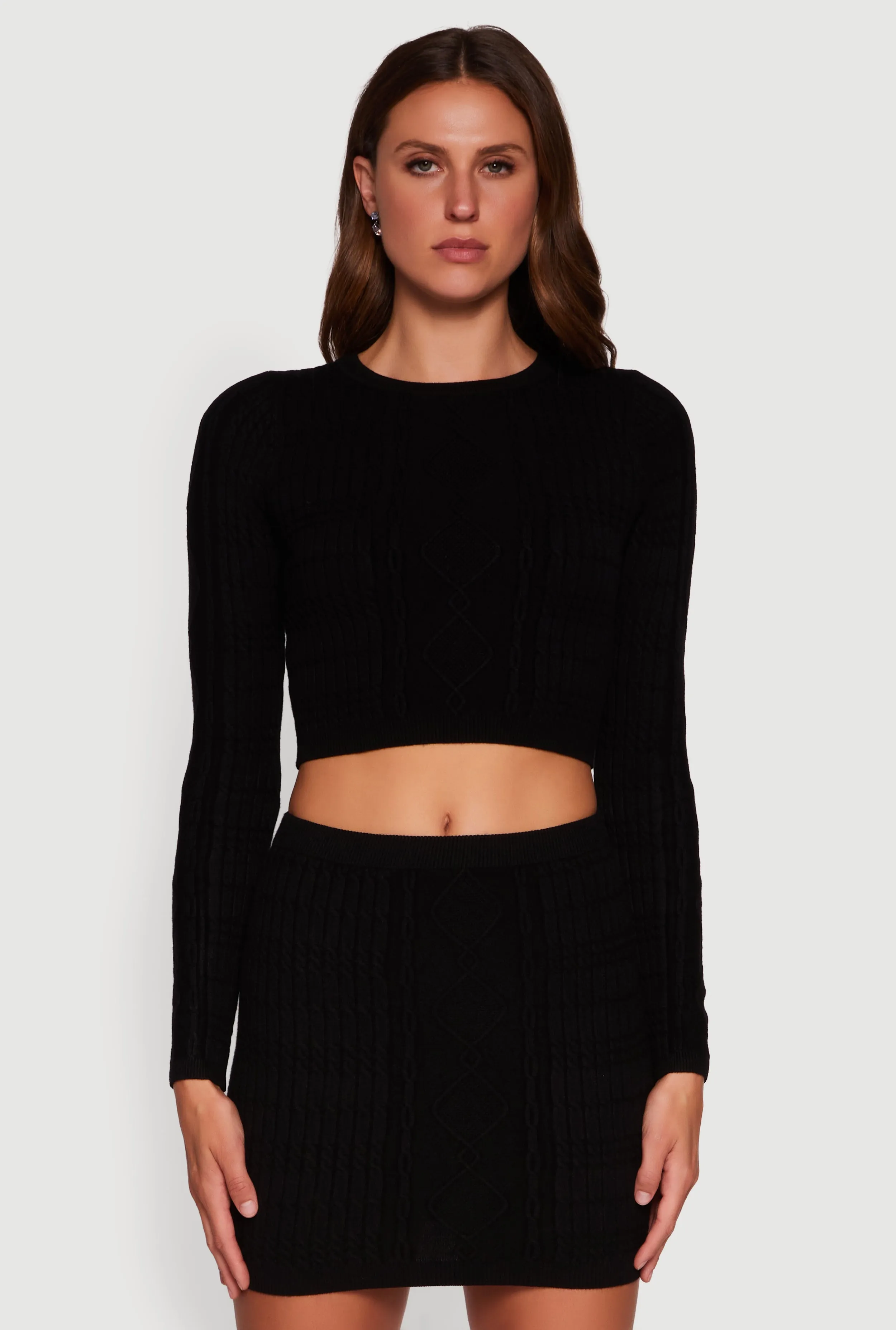 Long Sleeve Cable Knit Cropped Sweater sold by Rainbow