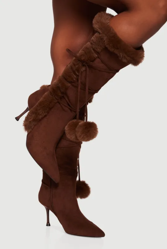 Side Zip Faux Fur Pom Pom Stiletto Boots sold by Rainbow