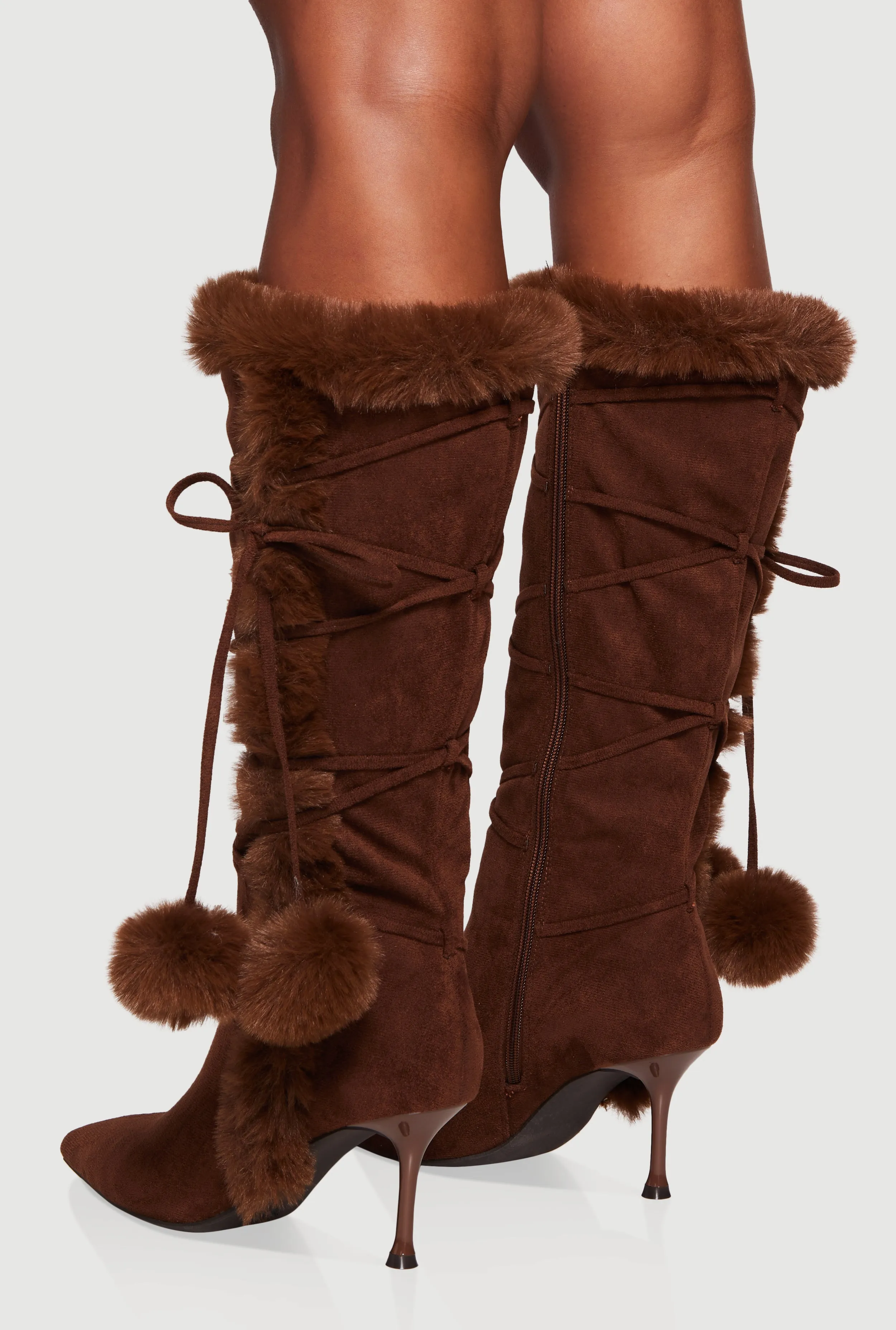 Side Zip Faux Fur Pom Pom Stiletto Boots sold by Rainbow product image thumbnail 3