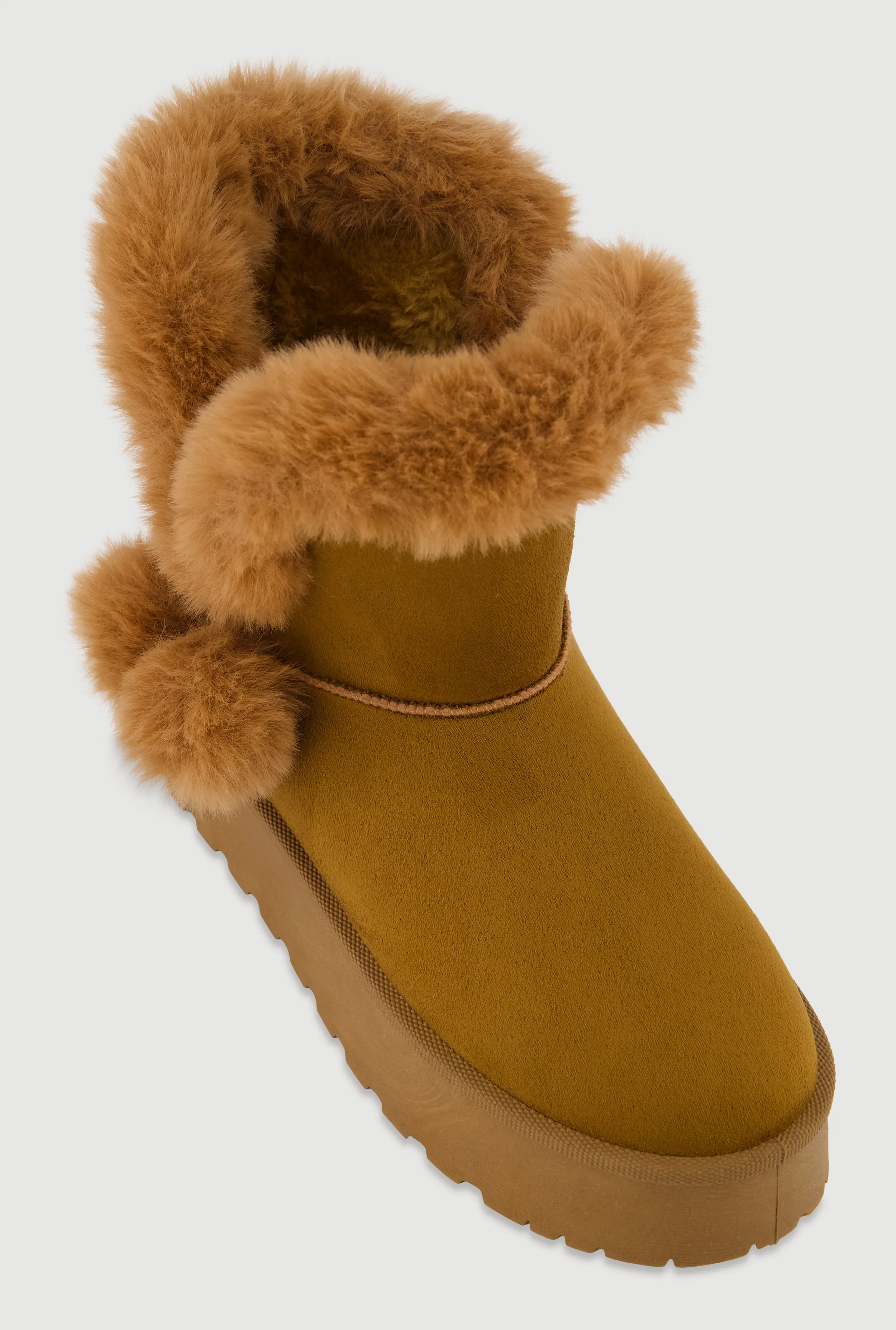 Faux Suede Platform Booties with Faux Fur Pom Poms sold by Rainbow
