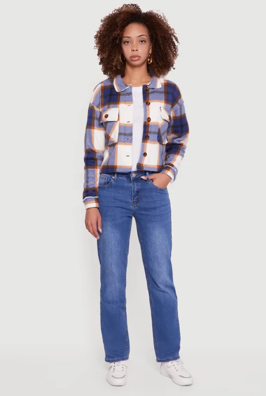 Collared Sherpa Lined Plaid Shacket sold by Rainbow
