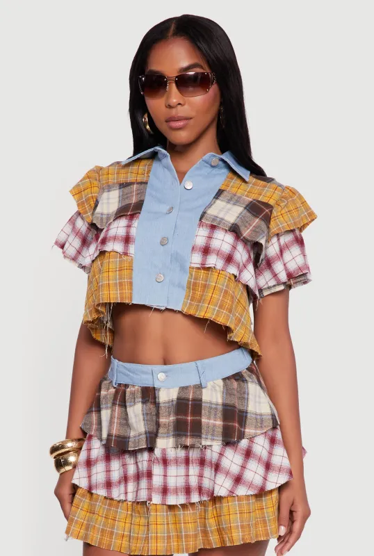 Cropped Denim Detail Raw Hem Plaid Tiered Shirt sold by Rainbow