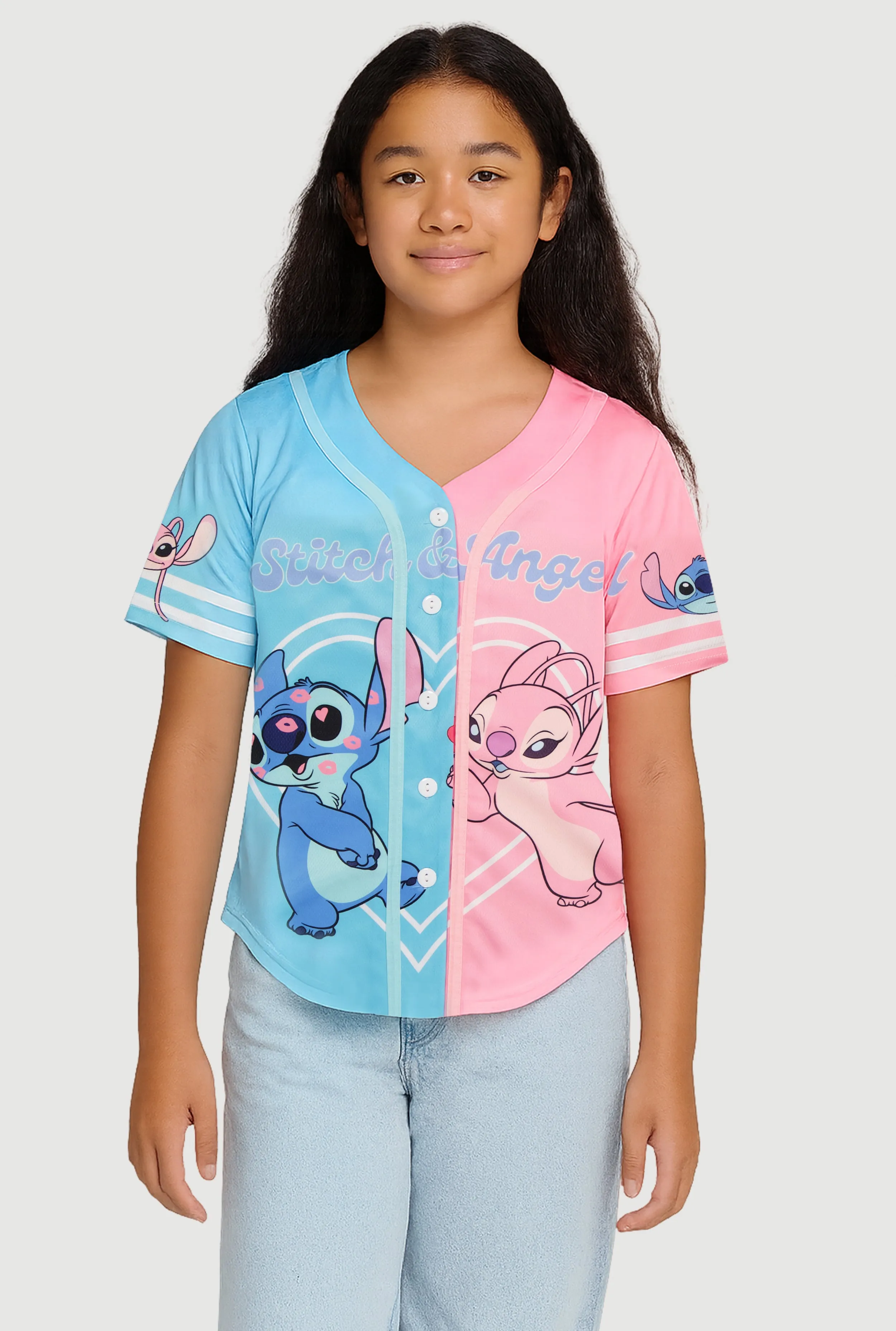 Girls Stitch and Angel Graphic Baseball Jersey sold by Rainbow