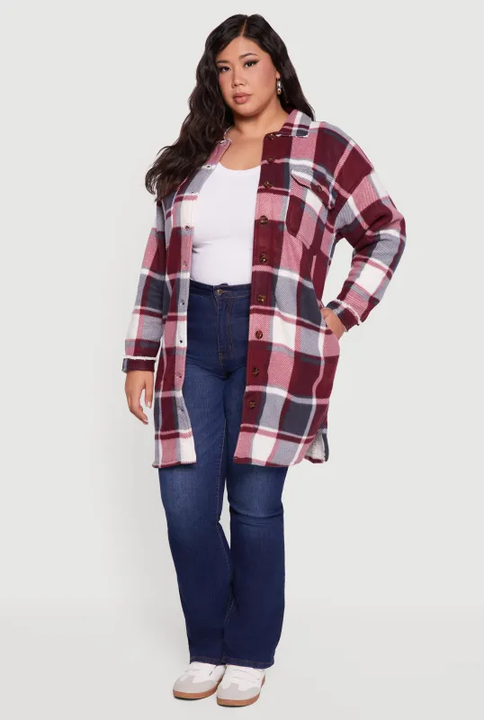 Plus Size Sherpa Lined Long Button Front Shacket sold by Rainbow