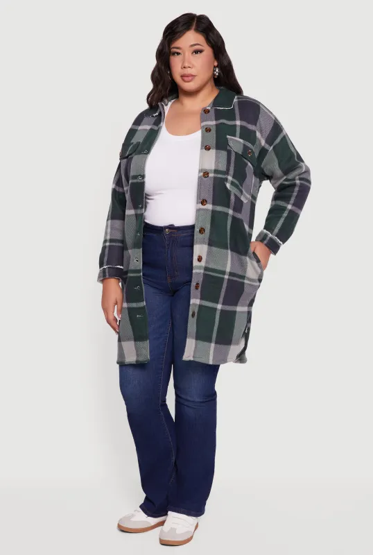 Plus Size Sherpa Lined Long Button Front Shacket sold by Rainbow