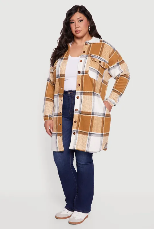 Plus Size Sherpa Lined Long Button Front Shacket sold by Rainbow