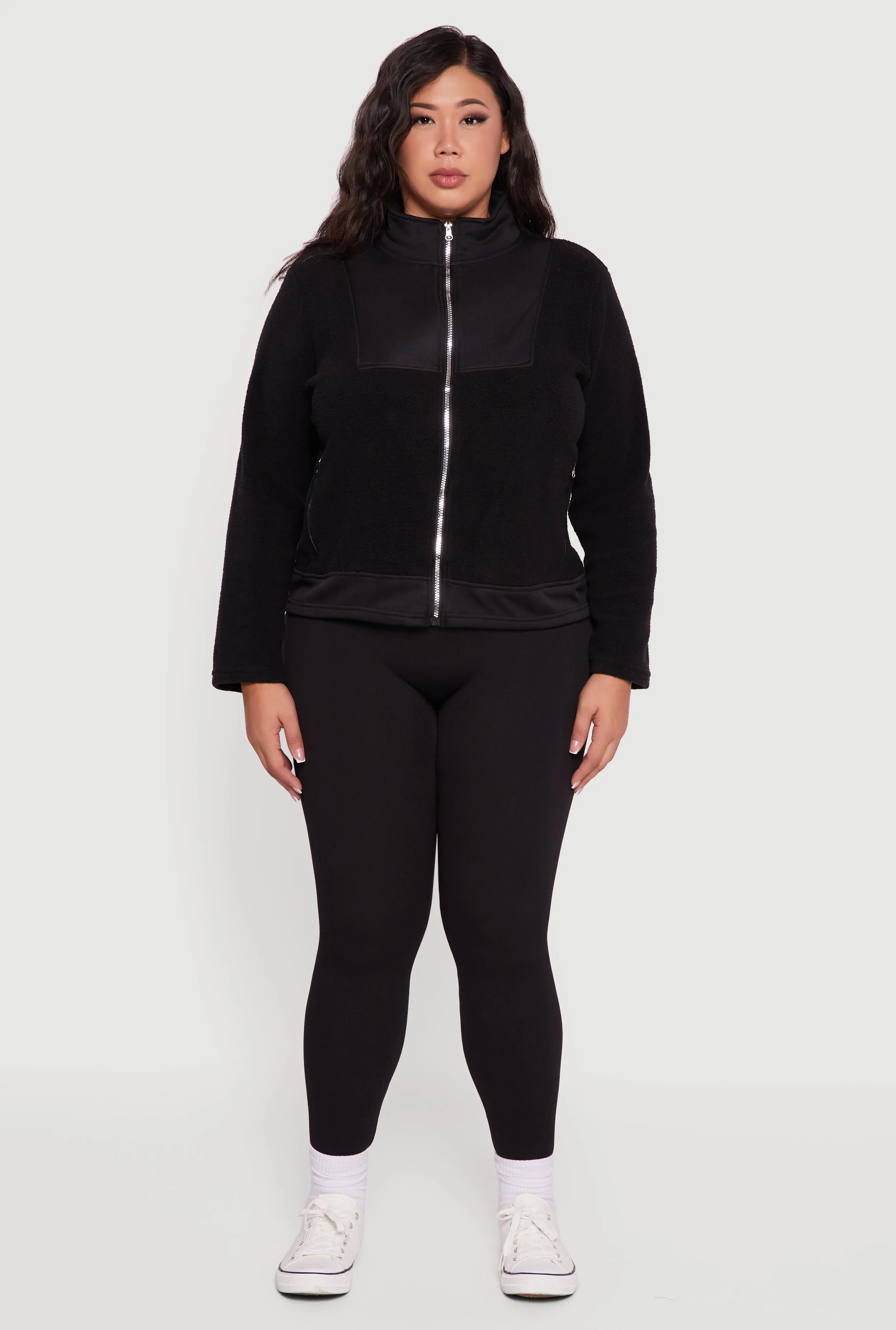 Plus Size Sherpa Long Sleeve Mock Neck Zip Front Jacket sold by Rainbow product image thumbnail 3