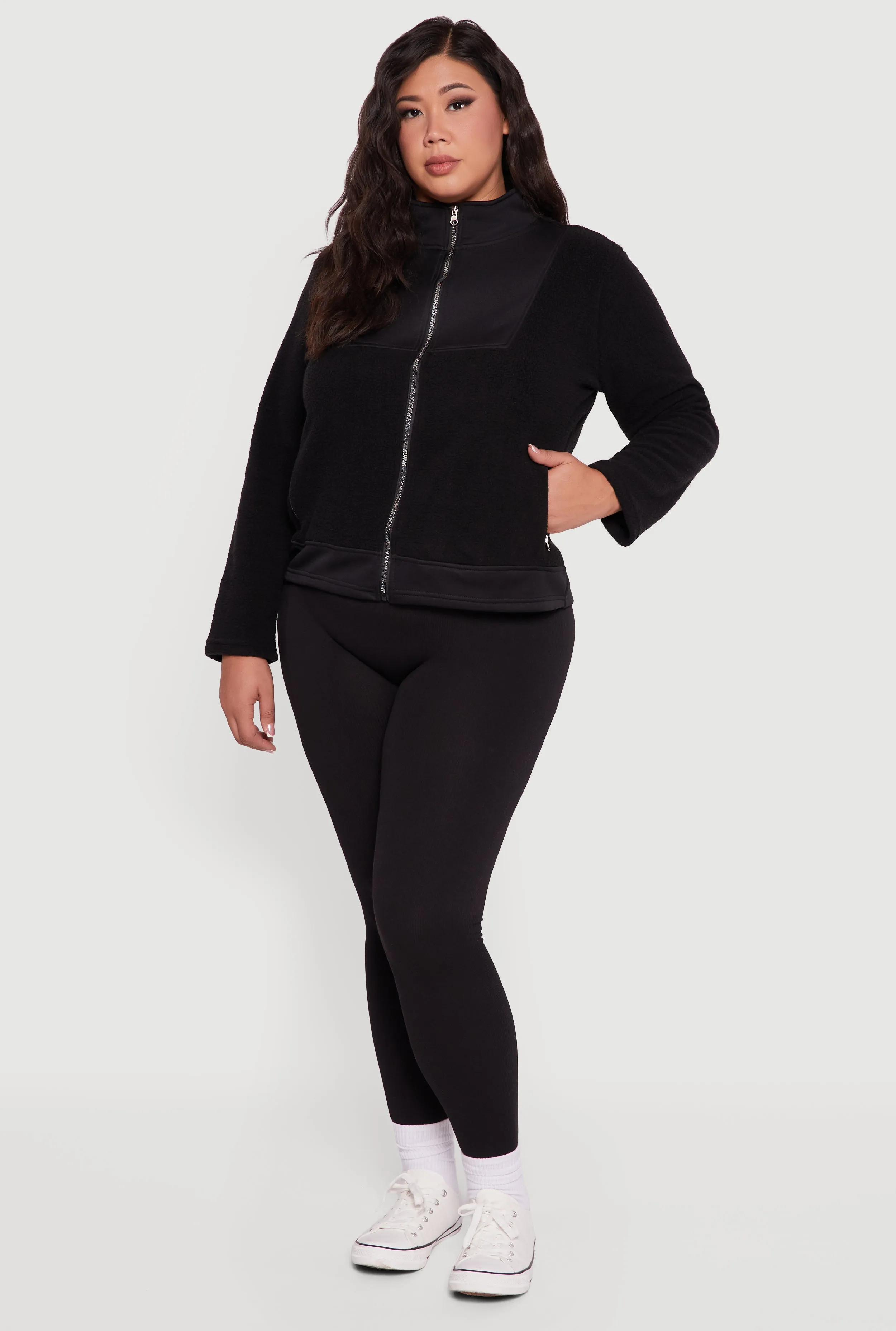 Plus Size Sherpa Long Sleeve Mock Neck Zip Front Jacket sold by Rainbow