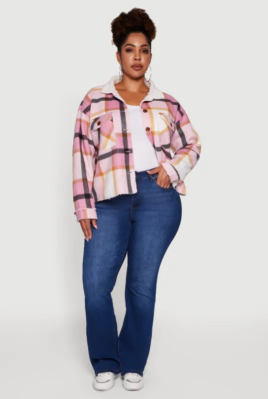 Plus Size Plaid Sherpa Lined Fleece Button Front Jacket sold by Rainbow