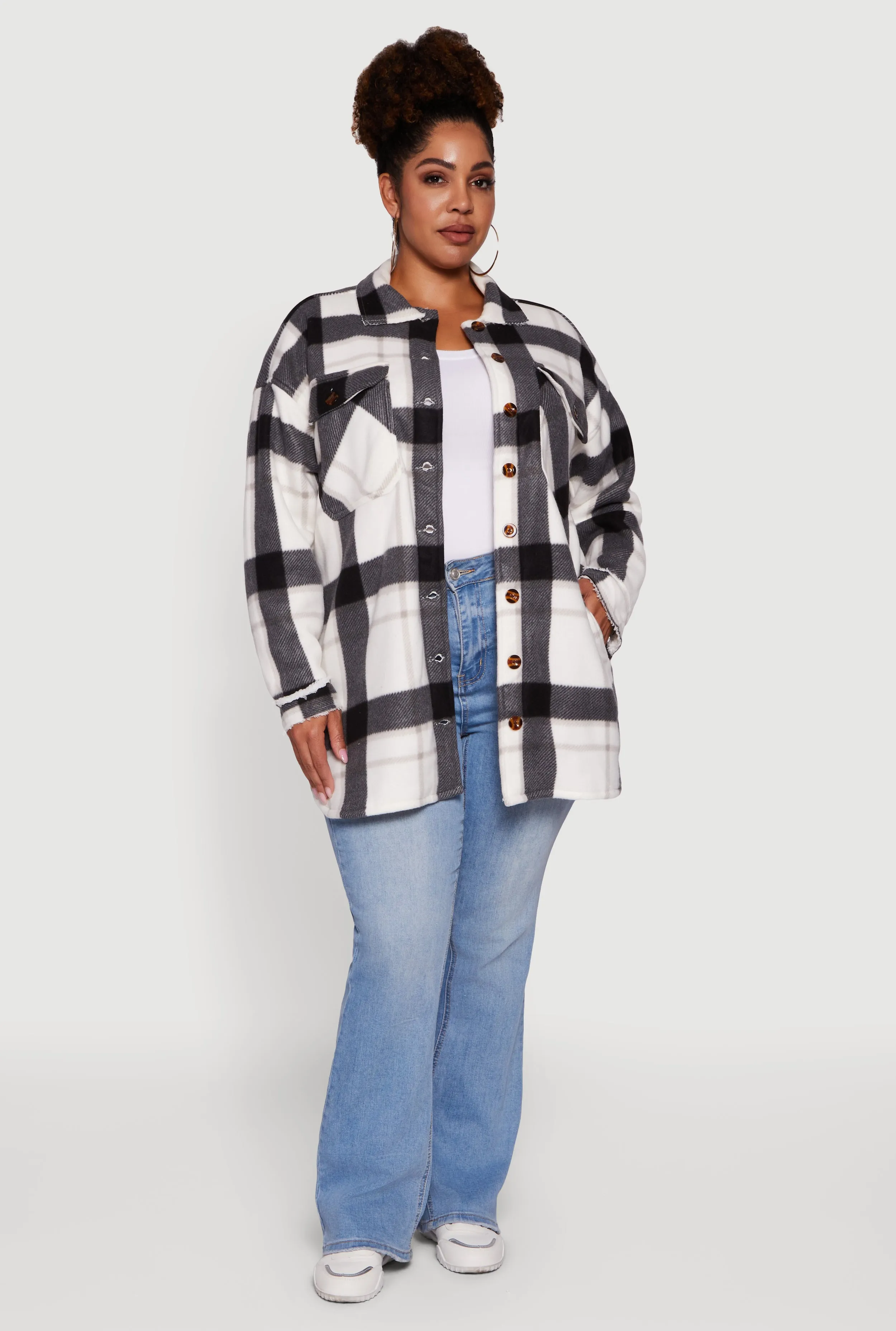 Plus Size Sherpa Lined Flap Pocket Long Button Front Shacket sold by Rainbow