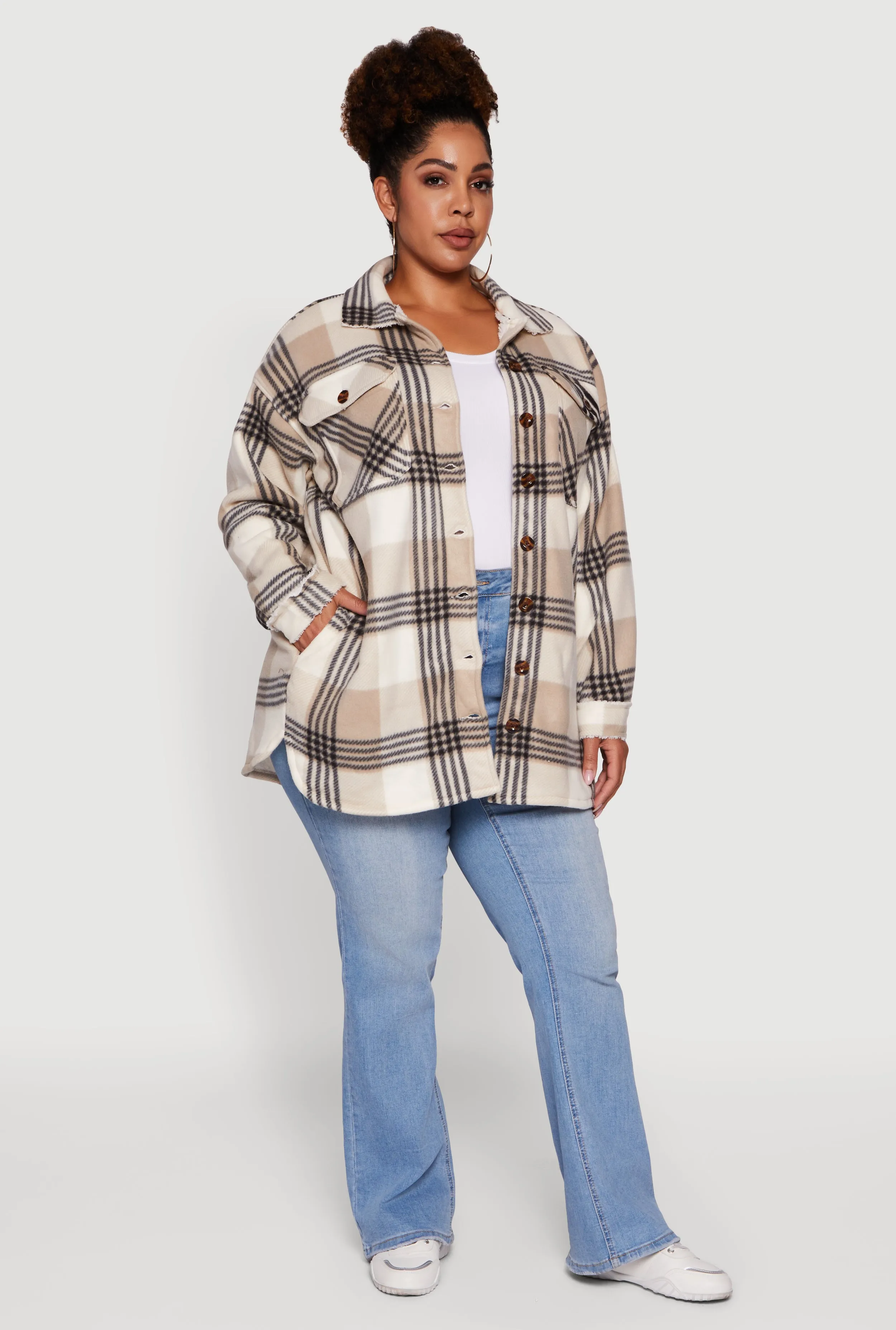 Plus Size Sherpa Lined Flap Pocket Long Button Front Shacket sold by Rainbow product image thumbnail 5